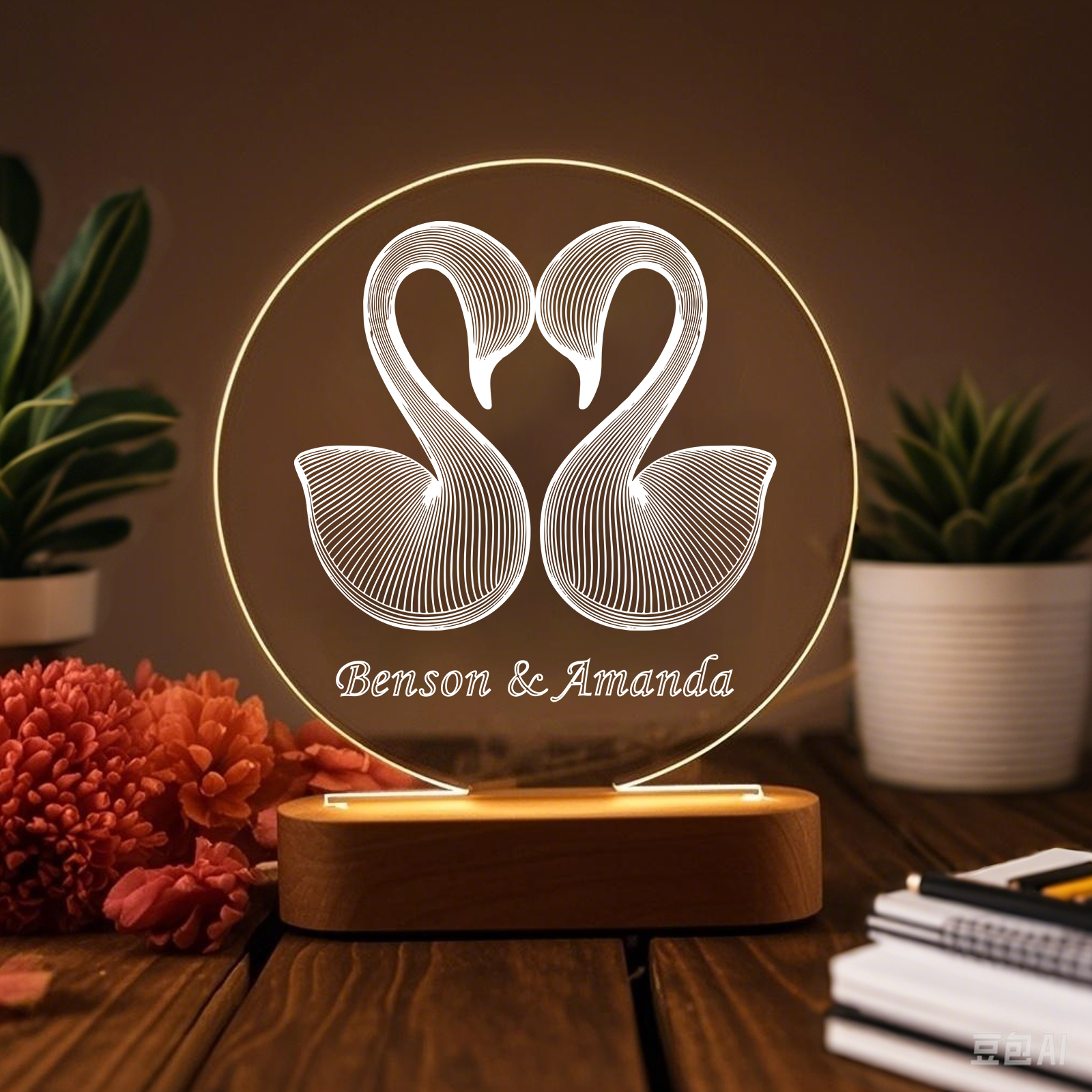 Personalised Swan Light Acrylic Plaque Elegant Home Decoration Gift for Couple