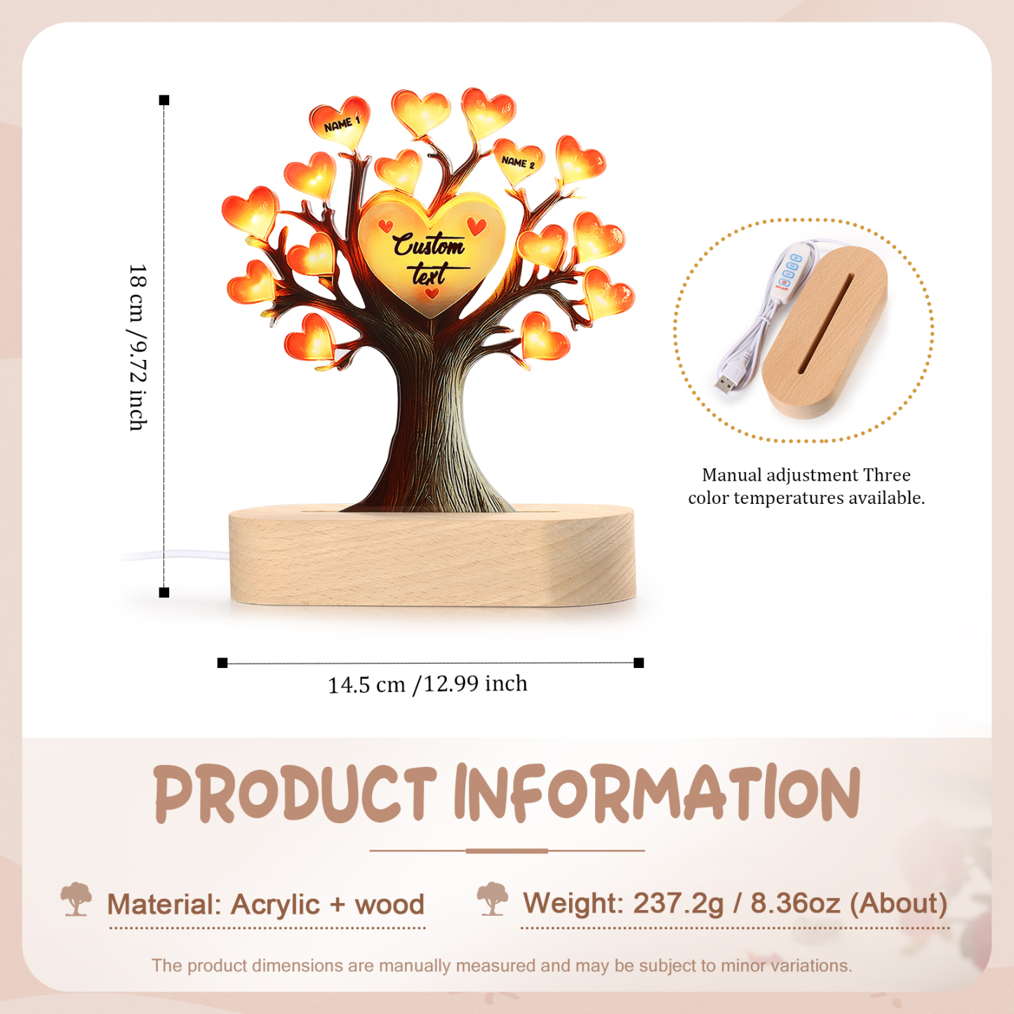 Personalised Tree of Life LED Night Light Custom 2 Names and Text Gift for Family Gift Idea for Mothers' Day | Jessemade