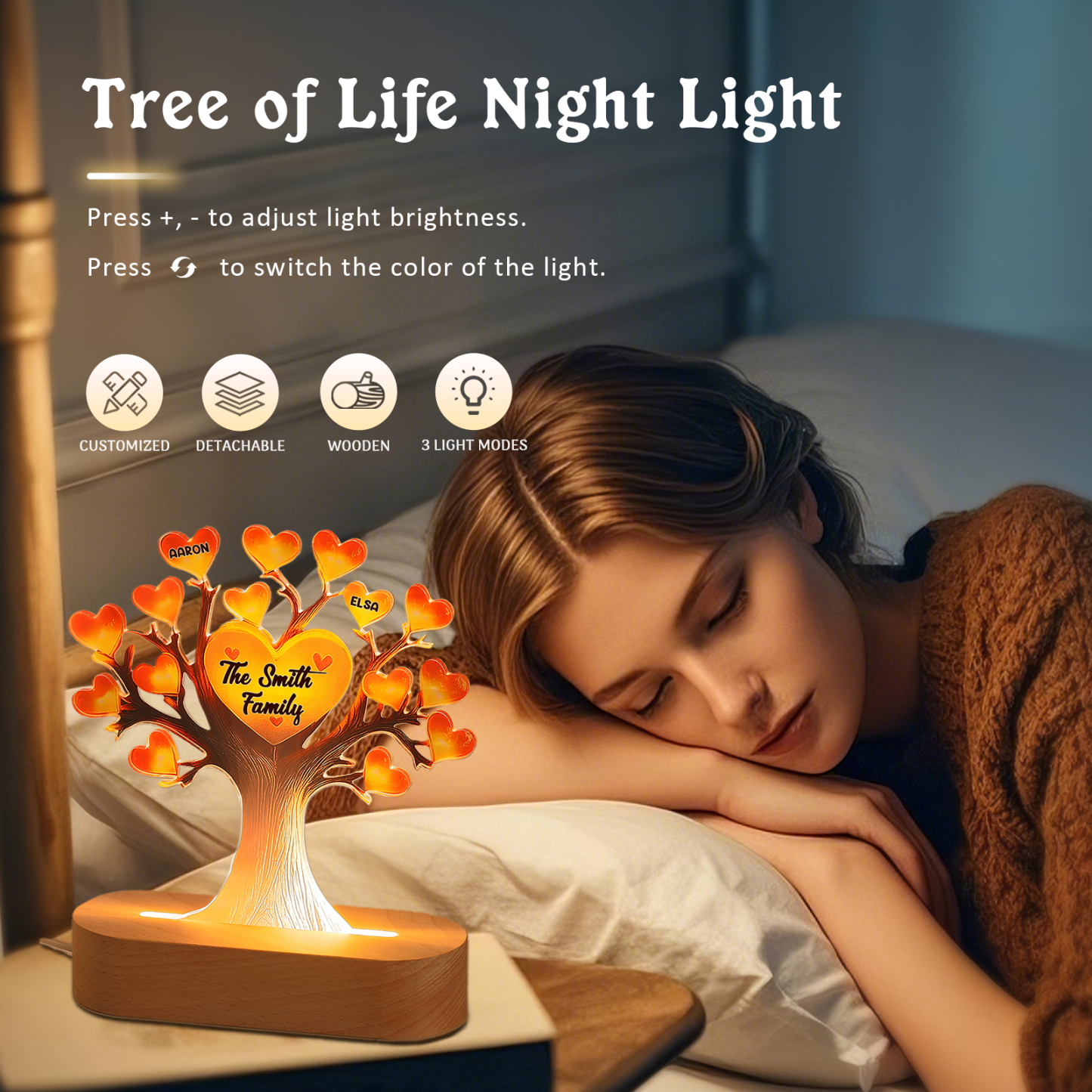 Personalised Tree of Life LED Night Light Custom 2 Names and Text Gift for Family Gift Idea for Mothers' Day | Jessemade