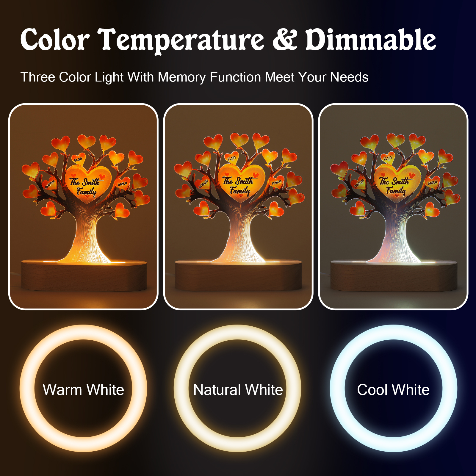 Personalised Tree of Life LED Night Light Custom 3 Names and Text Gift for Family Gift Idea for Mothers' Day | Jessemade