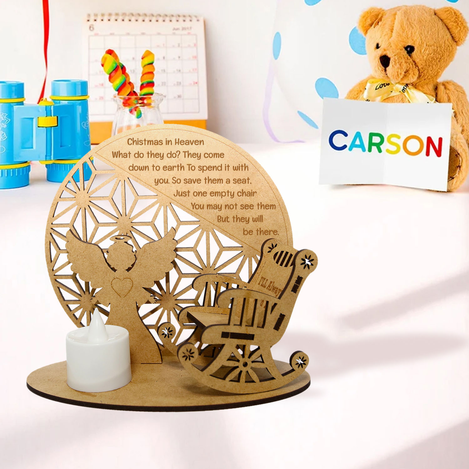 Personalised Christmas in Heaven Rocking Chair Ornament Memorial Tabletop Plaque