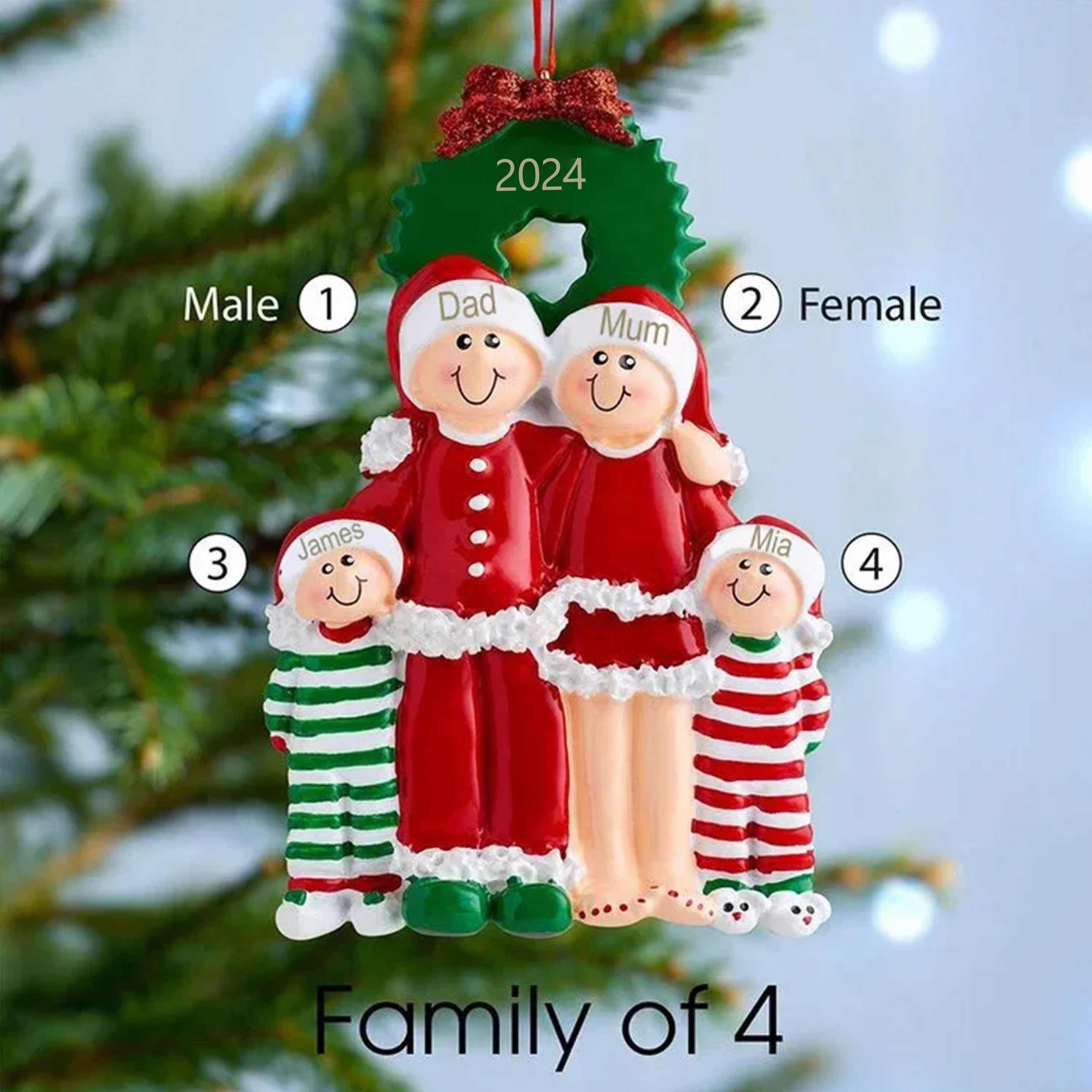 Personalised Family Pajamas Christmas Ornament Custom 4 Names Hanging Ornament Gifts For Family