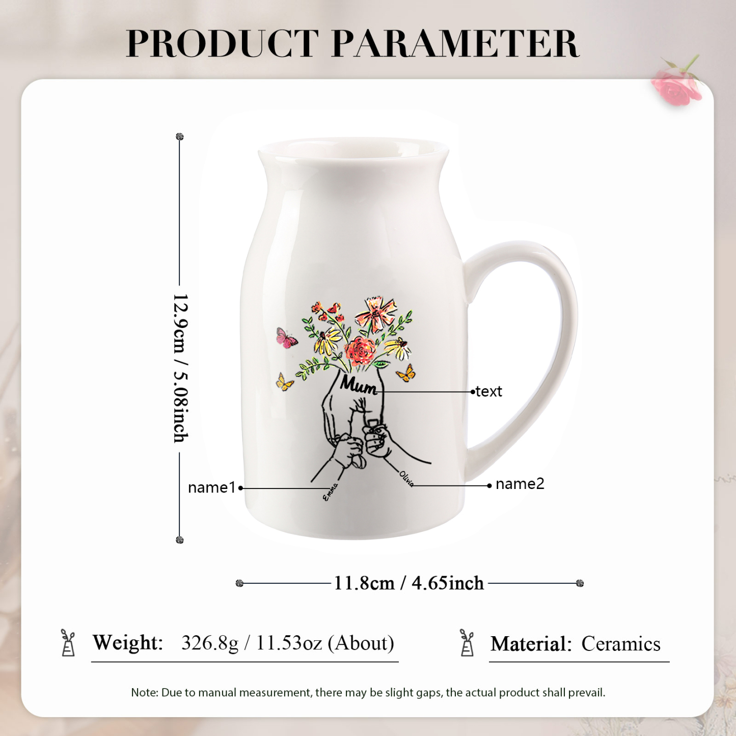 Personalised Ceramic Vase Custom 2 Names and 1 Text Vase Hand in Hand Mother's day Gift | Jessemade