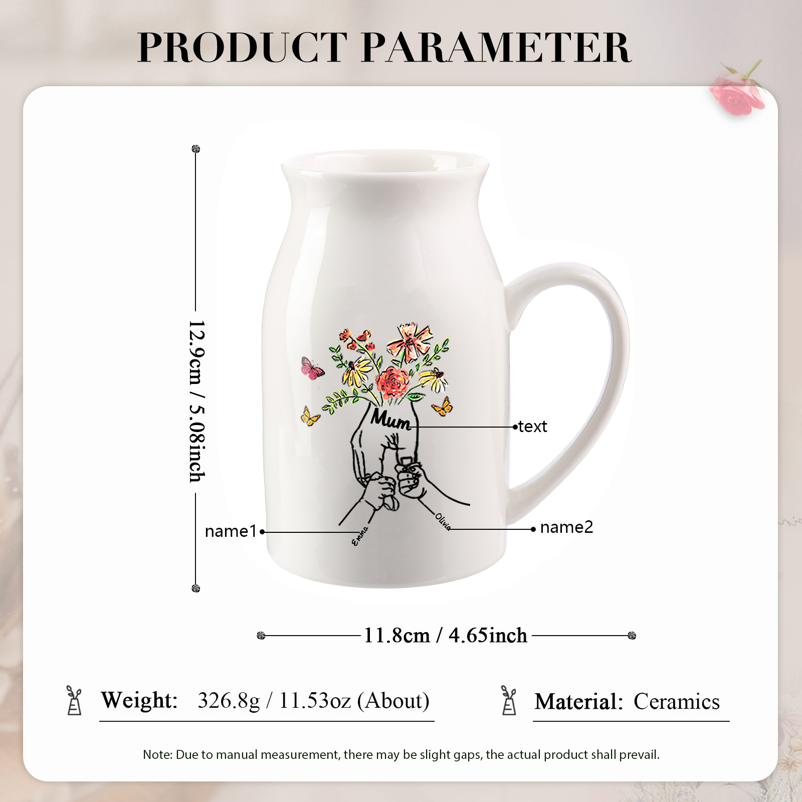 Personalised Ceramic Vase Custom 2 Names and 1 Text Vase Hand in Hand Mother's day Gift | Jessemade