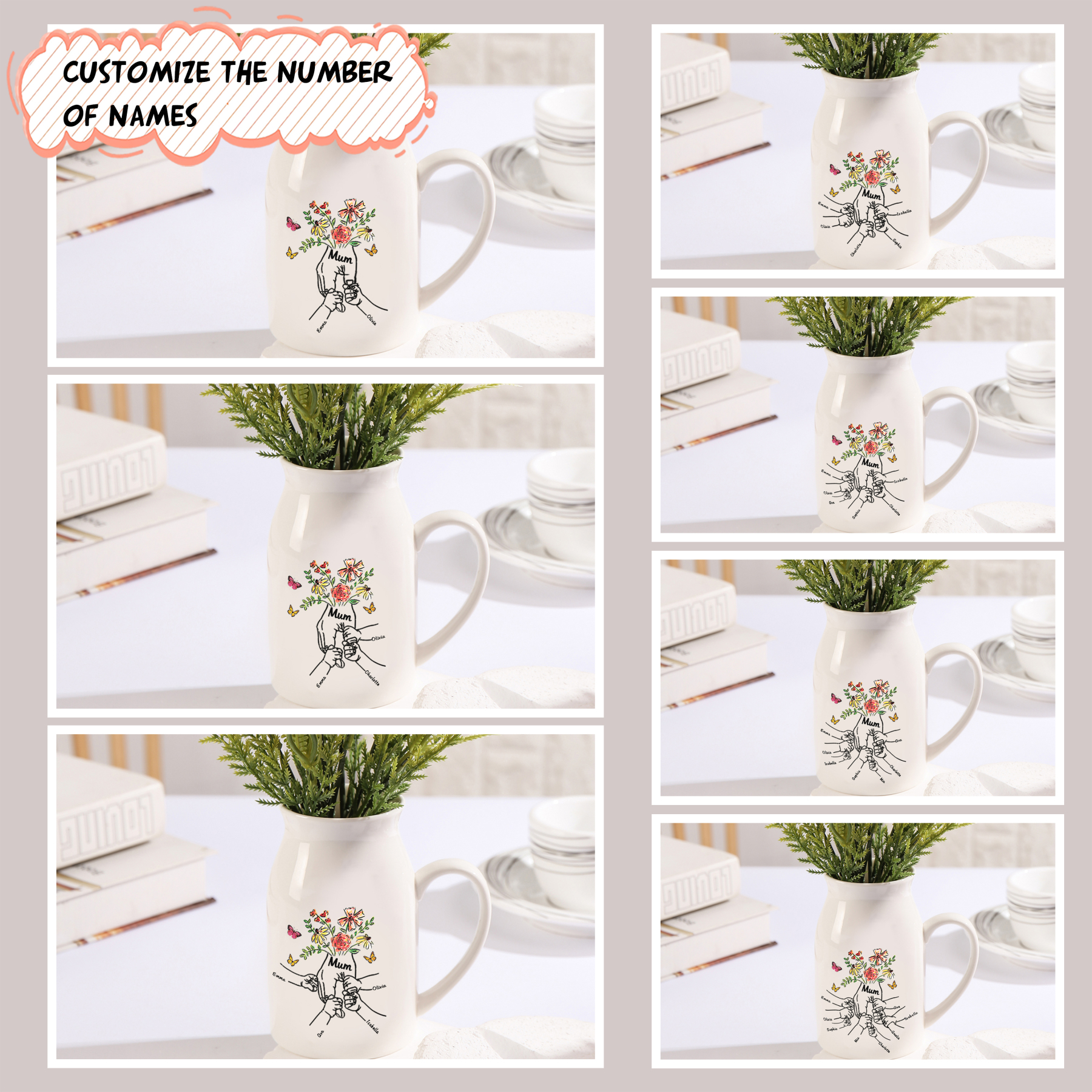Personalised Ceramic Vase Custom 8 Names and 1 Text Vase Hand in Hand Mother's day Gift | Jessemade