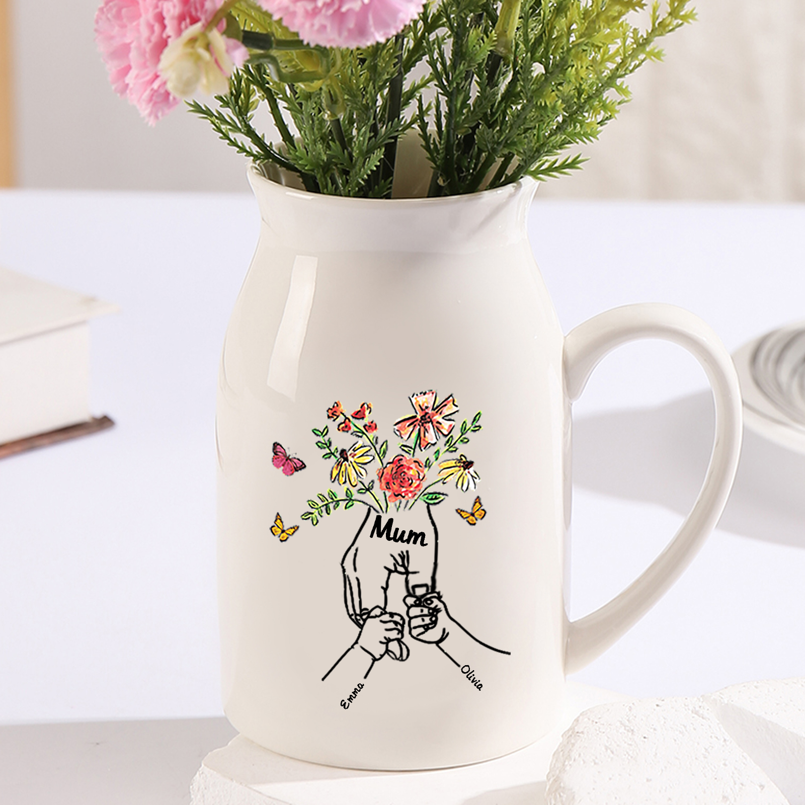 Personalised Ceramic Vase Custom 2 Names and 1 Text Vase Hand in Hand Mother's day Gift | Jessemade
