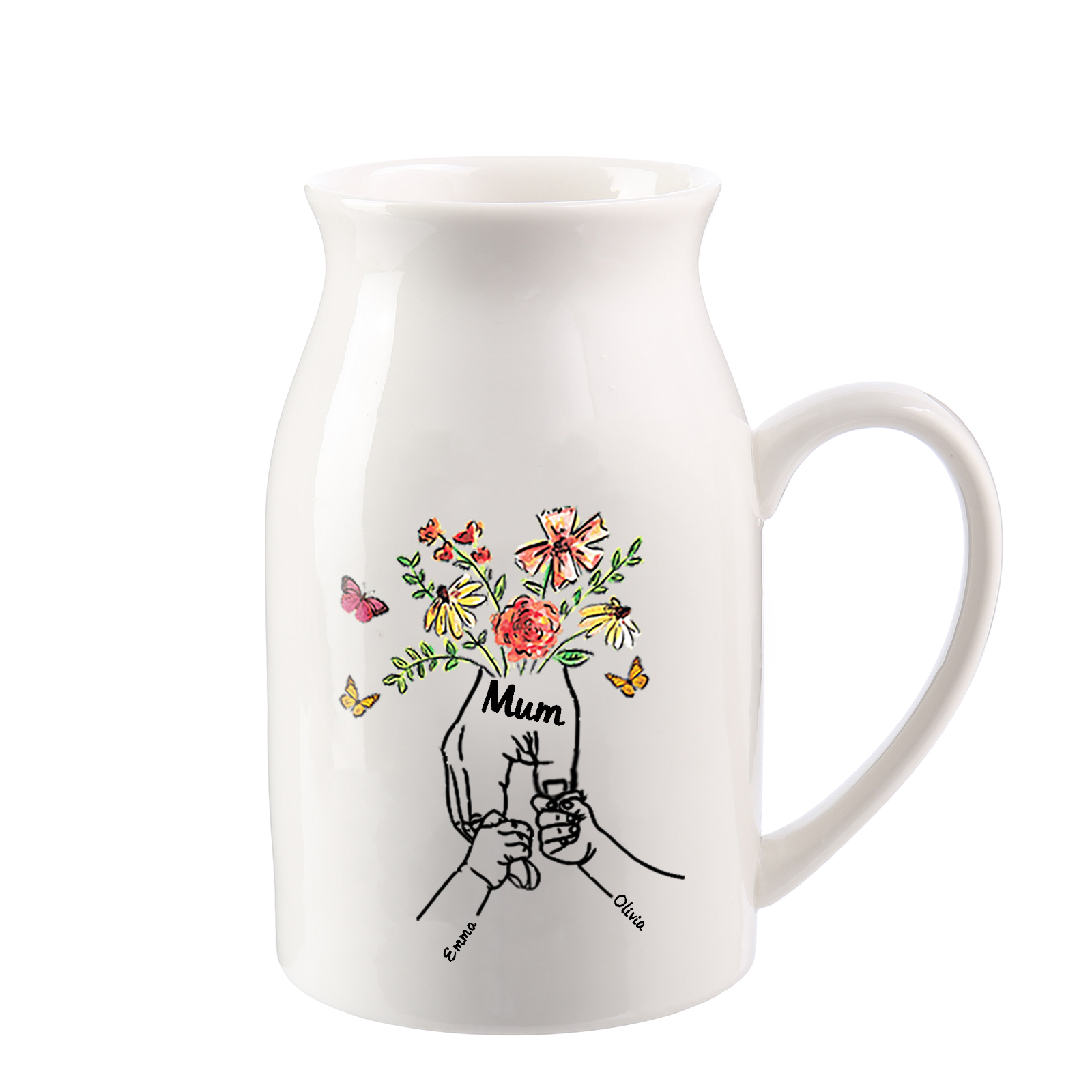 Personalised Ceramic Vase Custom 2 Names and 1 Text Vase Hand in Hand Mother's day Gift | Jessemade