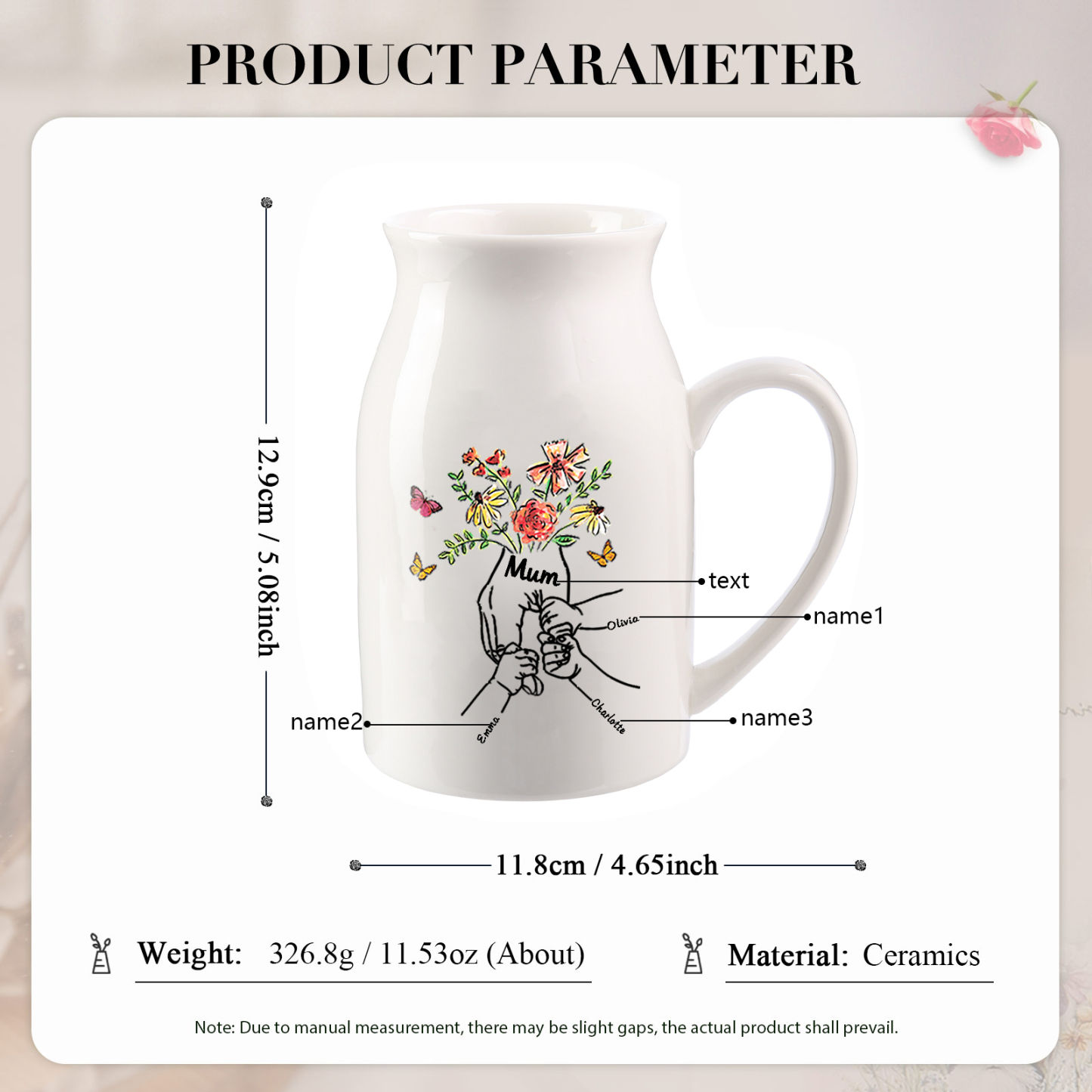 Personalised Ceramic Vase Custom 3 Names and 1 Text Vase Hand in Hand Mother's day Gift | Jessemade
