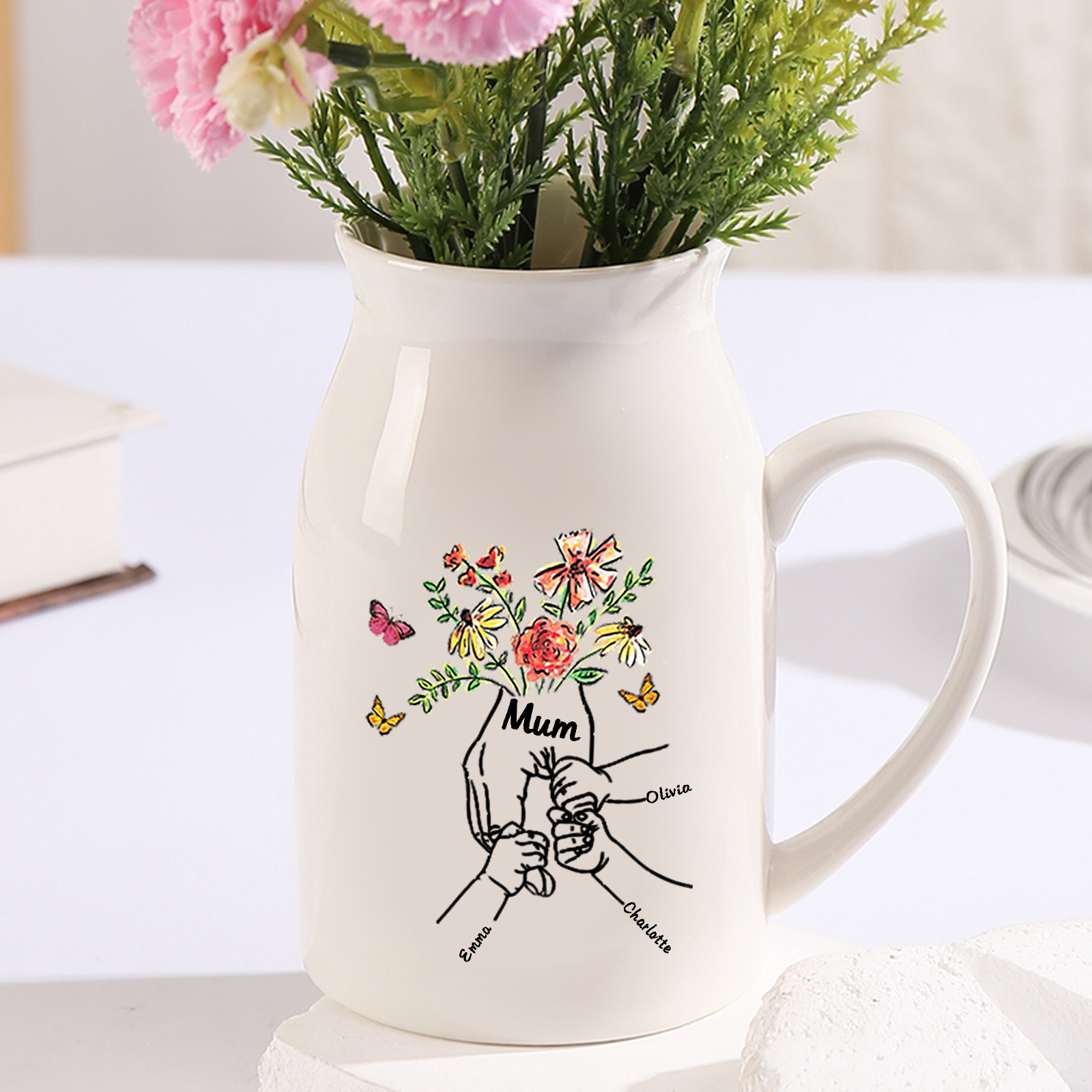 Personalised Ceramic Vase Custom 3 Names and 1 Text Vase Hand in Hand Mother's day Gift | Jessemade