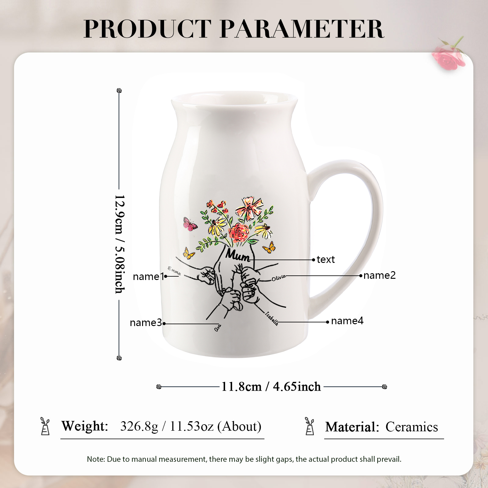 Personalised Ceramic Vase Custom 4 Names and 1 Text Vase Hand in Hand Mother's day Gift | Jessemade