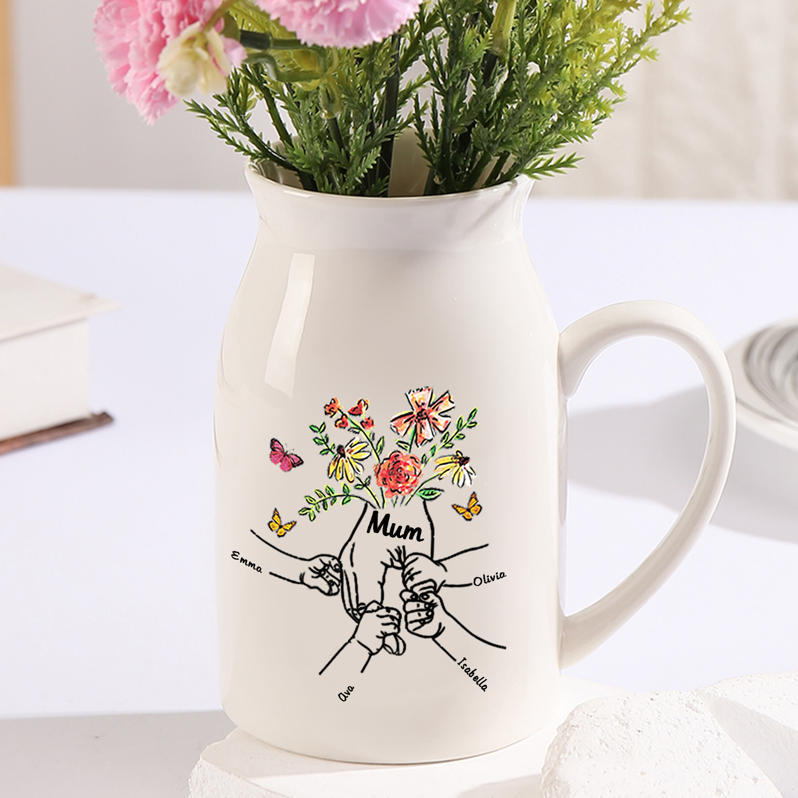 Personalised Ceramic Vase Custom 4 Names and 1 Text Vase Hand in Hand Mother's day Gift | Jessemade