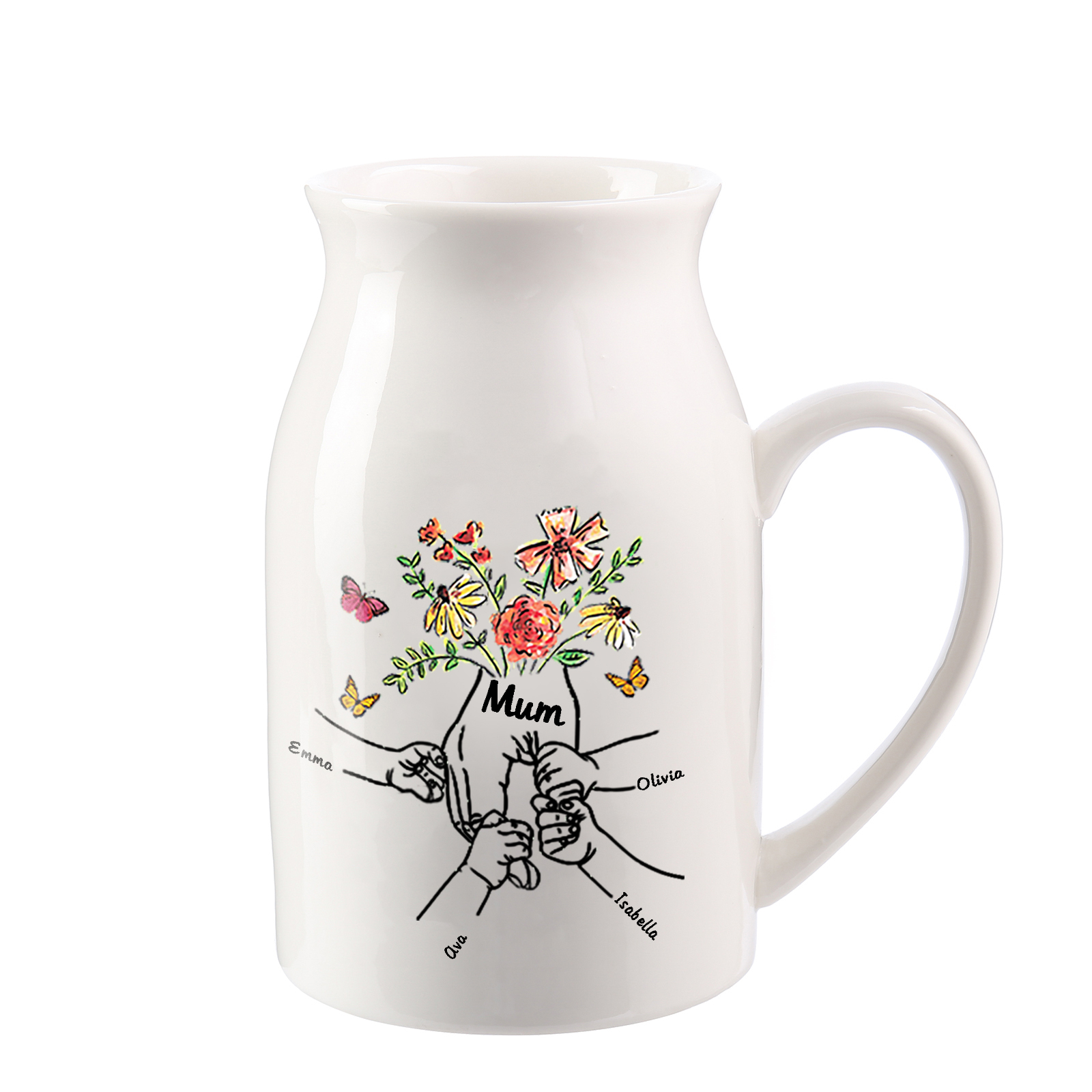 Personalised Ceramic Vase Custom 4 Names and 1 Text Vase Hand in Hand Mother's day Gift | Jessemade