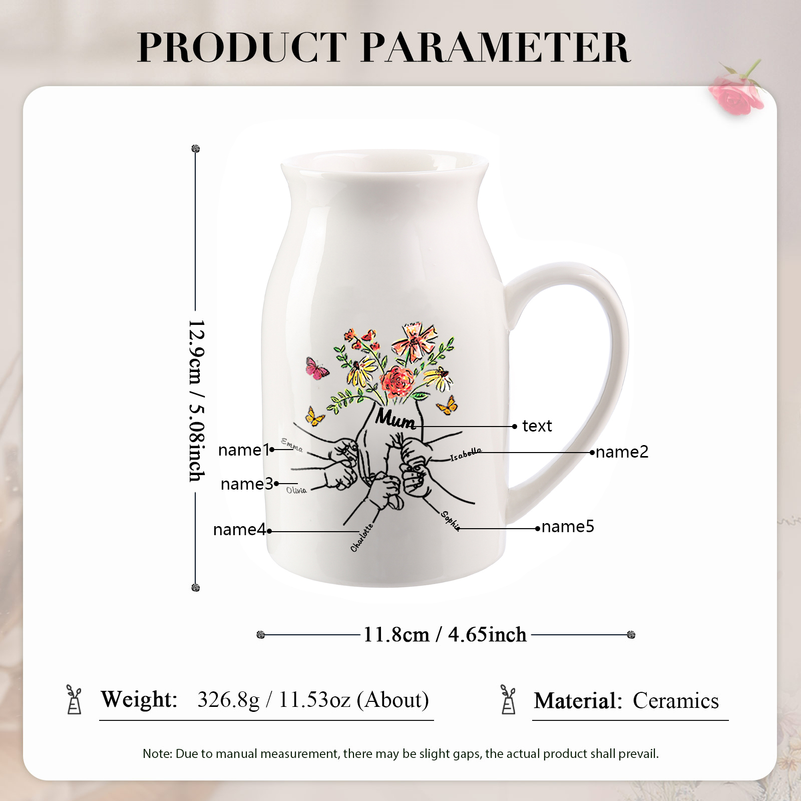 Personalised Ceramic Vase Custom 5 Names and 1 Text Vase Hand in Hand Mother's day Gift | Jessemade