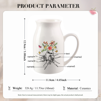 Personalised Ceramic Vase Custom 5 Names and 1 Text Vase Hand in Hand Mother's day Gift | Jessemade