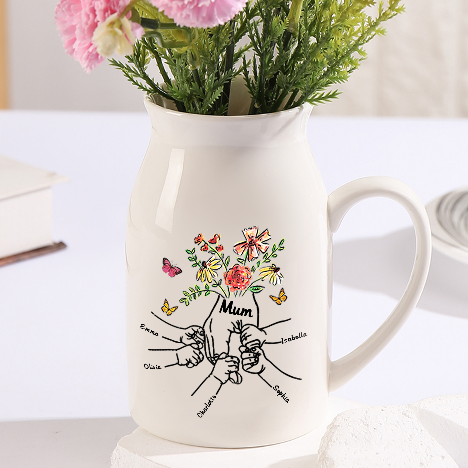 Personalised Ceramic Vase Custom 5 Names and 1 Text Vase Hand in Hand Mother's day Gift | Jessemade