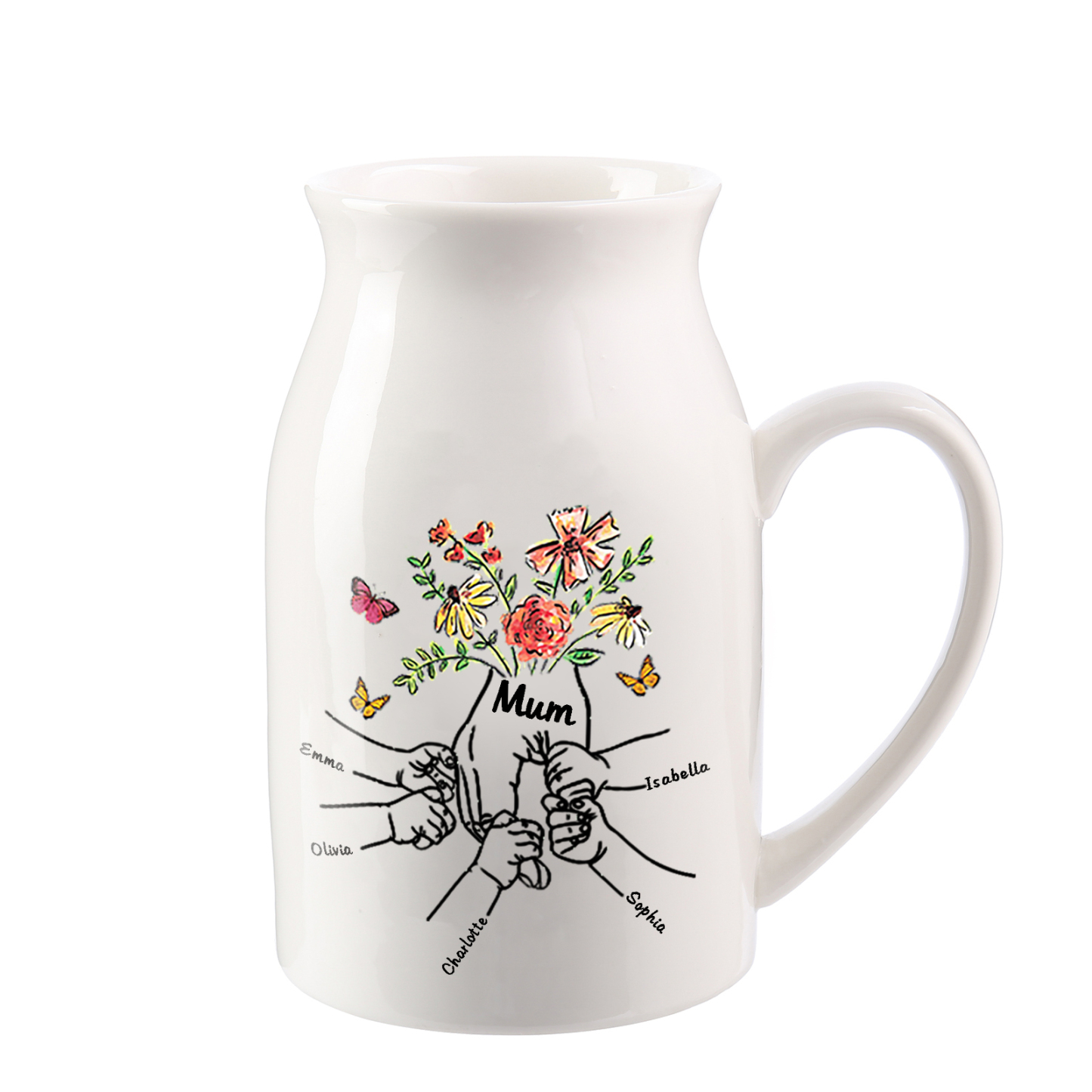 Personalised Ceramic Vase Custom 5 Names and 1 Text Vase Hand in Hand Mother's day Gift | Jessemade
