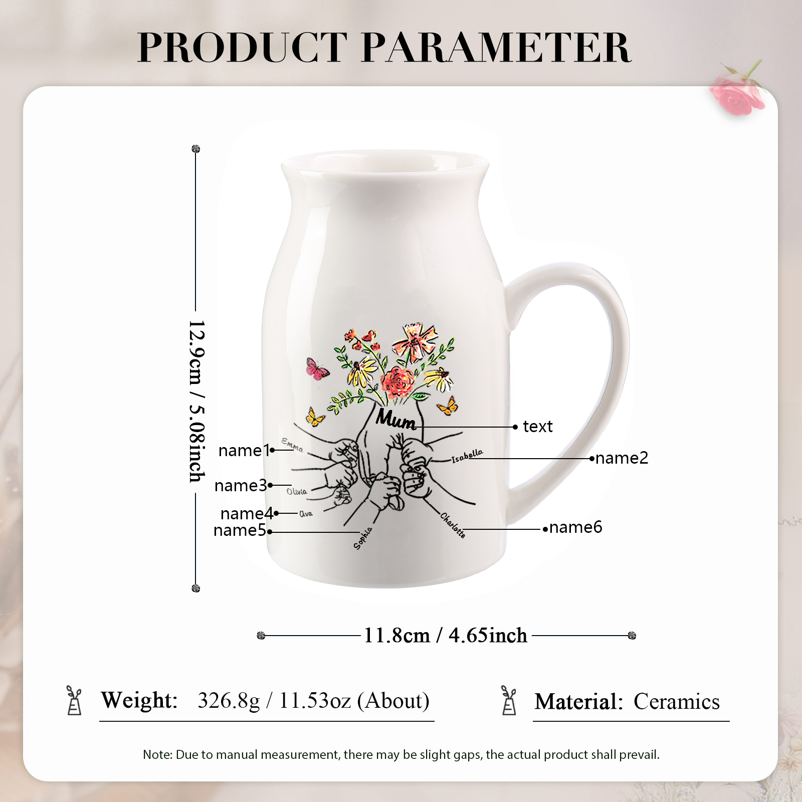 Personalised Ceramic Vase Custom 6 Names and 1 Text Vase Hand in Hand Mother's day Gift | Jessemade