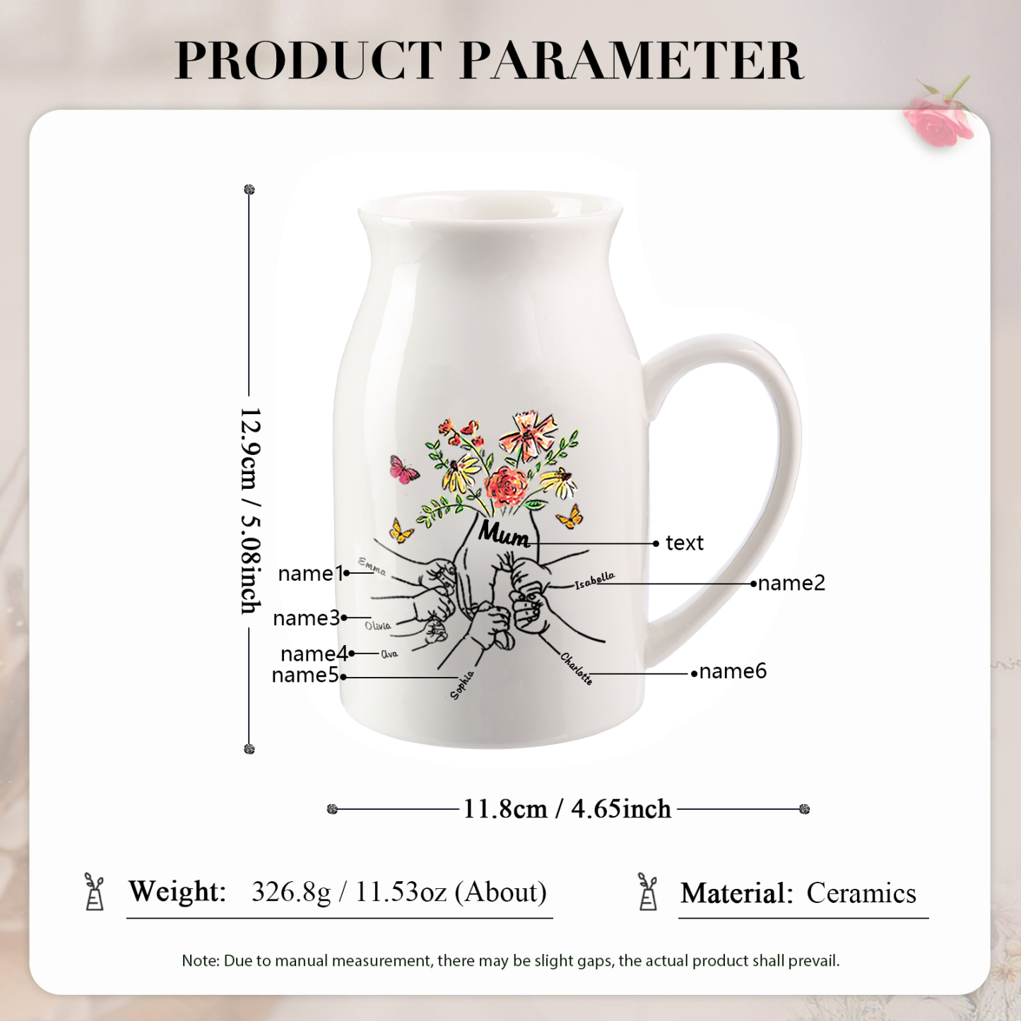 Personalised Ceramic Vase Custom 6 Names and 1 Text Vase Hand in Hand Mother's day Gift | Jessemade