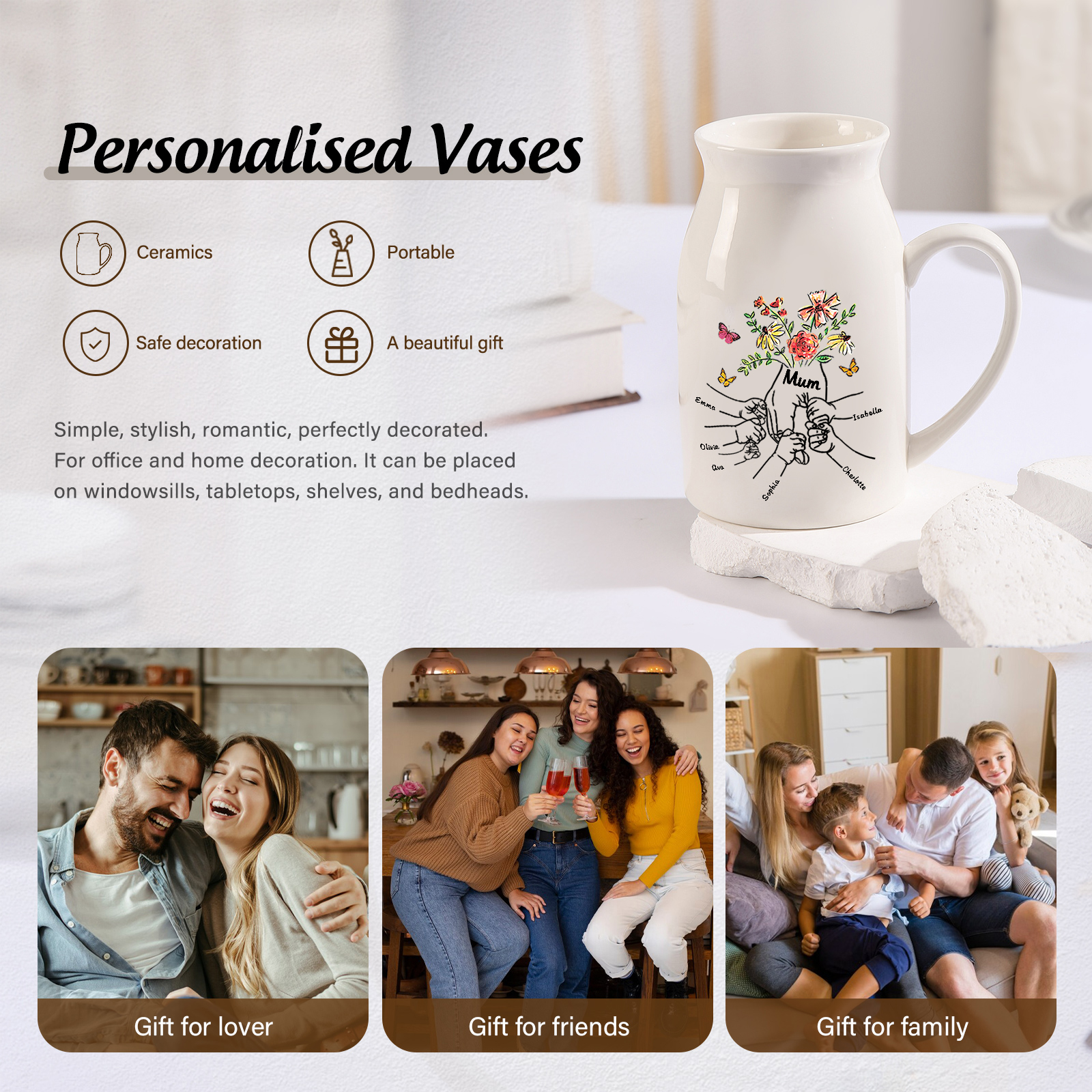 Personalised Ceramic Vase Custom 6 Names and 1 Text Vase Hand in Hand Mother's day Gift | Jessemade