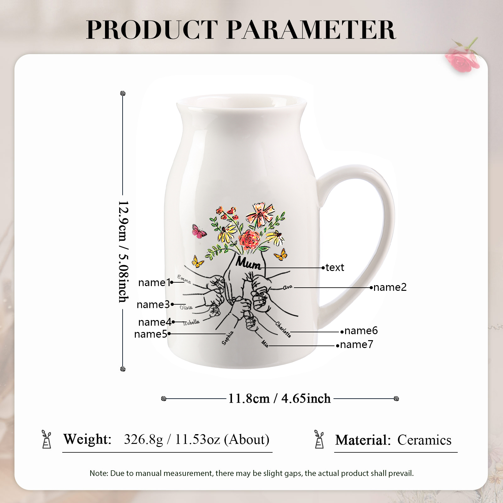 Personalised Ceramic Vase Custom 7 Names and 1 Text Vase Hand in Hand Mother's day Gift | Jessemade