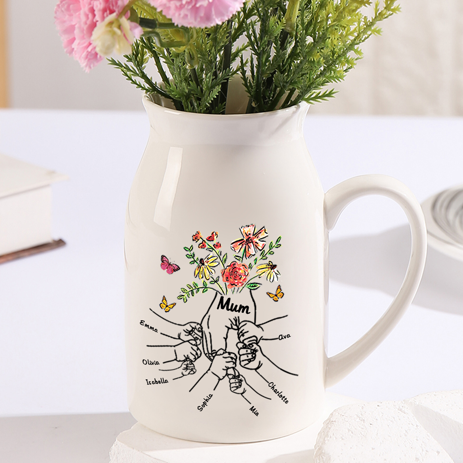 Personalised Ceramic Vase Custom 7 Names and 1 Text Vase Hand in Hand Mother's day Gift | Jessemade