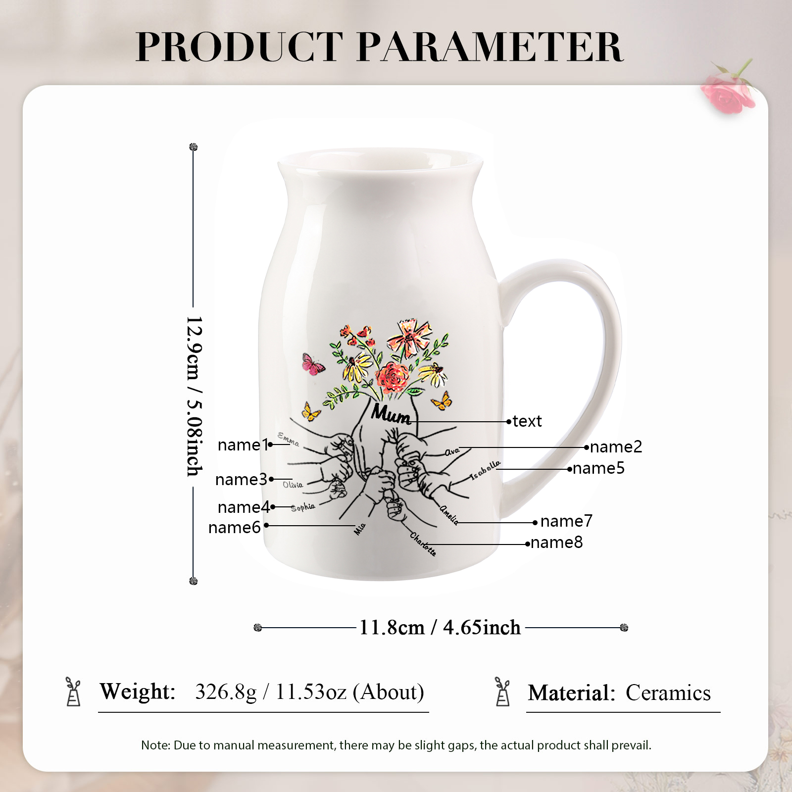 Personalised Ceramic Vase Custom 8 Names and 1 Text Vase Hand in Hand Mother's day Gift | Jessemade