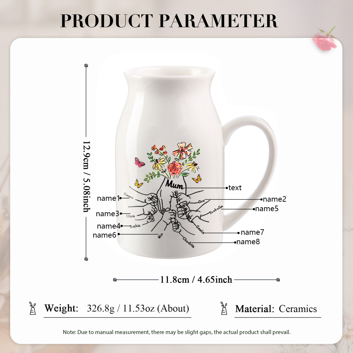 Personalised Ceramic Vase Custom 8 Names and 1 Text Vase Hand in Hand Mother's day Gift | Jessemade