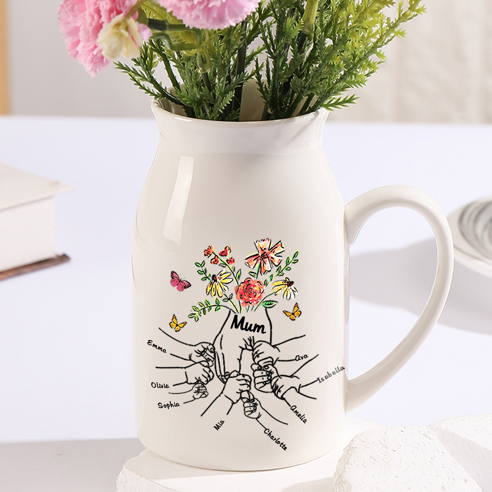 Personalised Ceramic Vase Custom 8 Names and 1 Text Vase Hand in Hand Mother's day Gift | Jessemade
