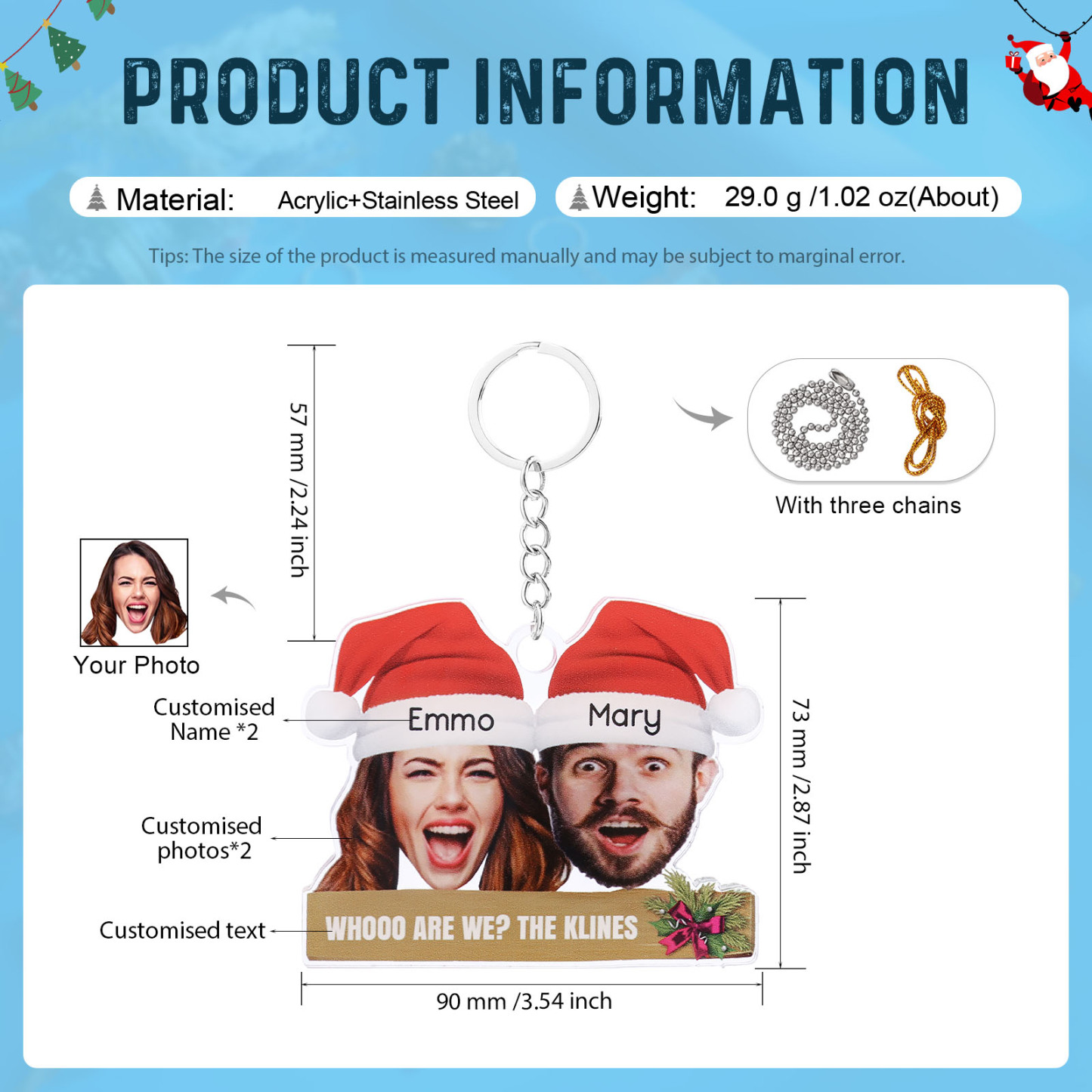 Acrylic Christmas Keychain Custom 2 Photos & 2 Names & 1 Text Hanging Ornaments Personalised Keyring for Family Friends | Jessemade-Jessemade AU