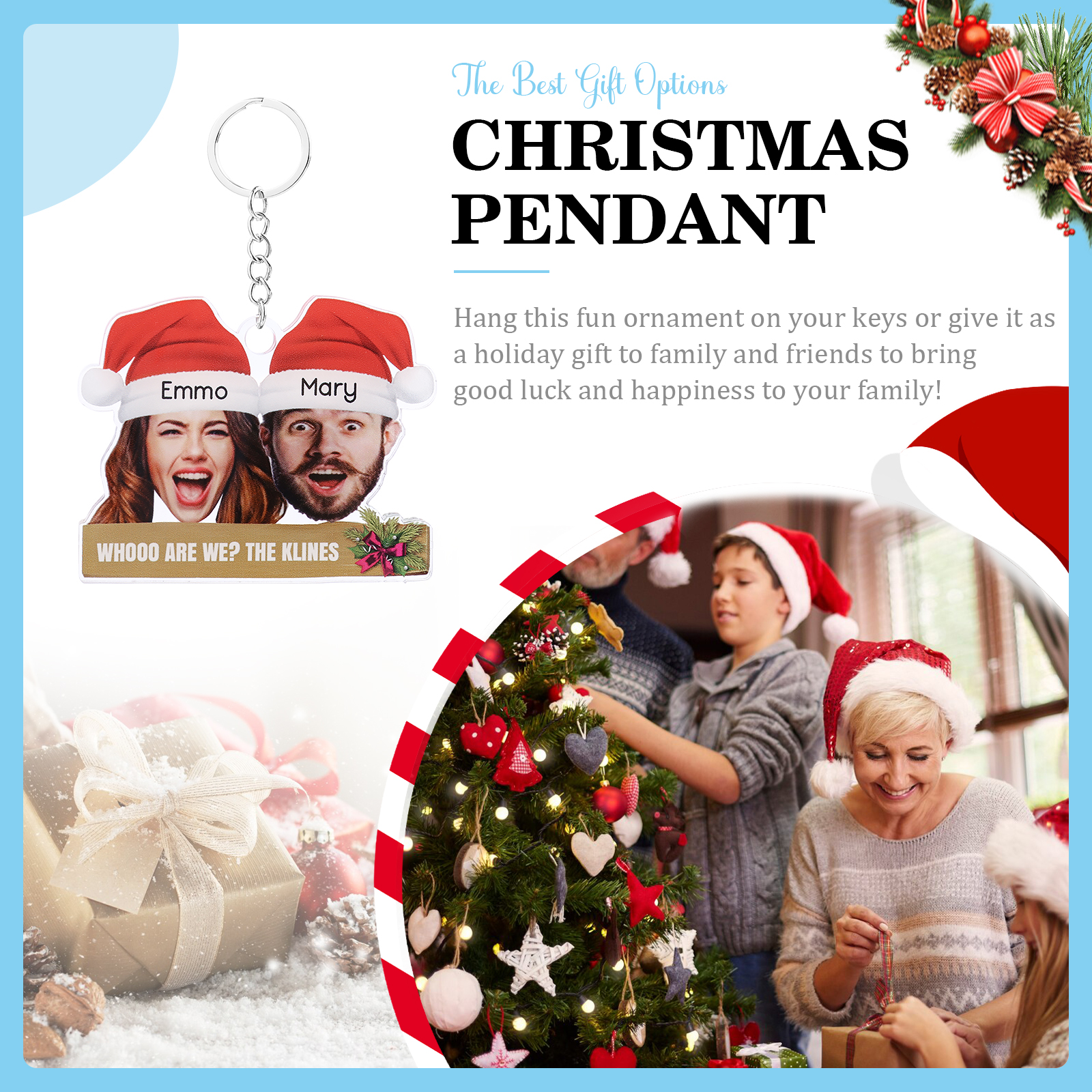 Acrylic Christmas Keychain Custom 2 Photos & 2 Names & 1 Text Hanging Ornaments Personalised Keyring for Family Friends | Jessemade-Jessemade AU