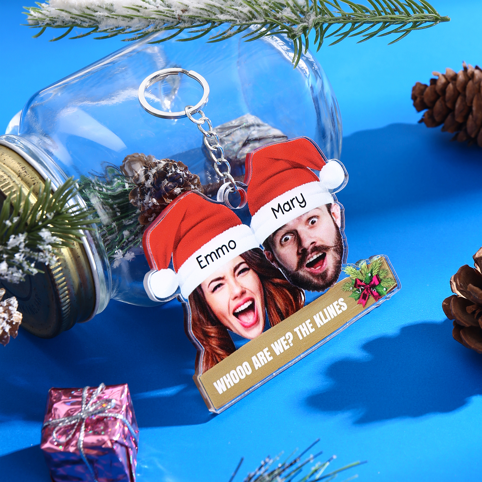 Acrylic Christmas Keychain Custom 2 Photos & 2 Names & 1 Text Hanging Ornaments Personalised Keyring for Family Friends | Jessemade-Jessemade AU