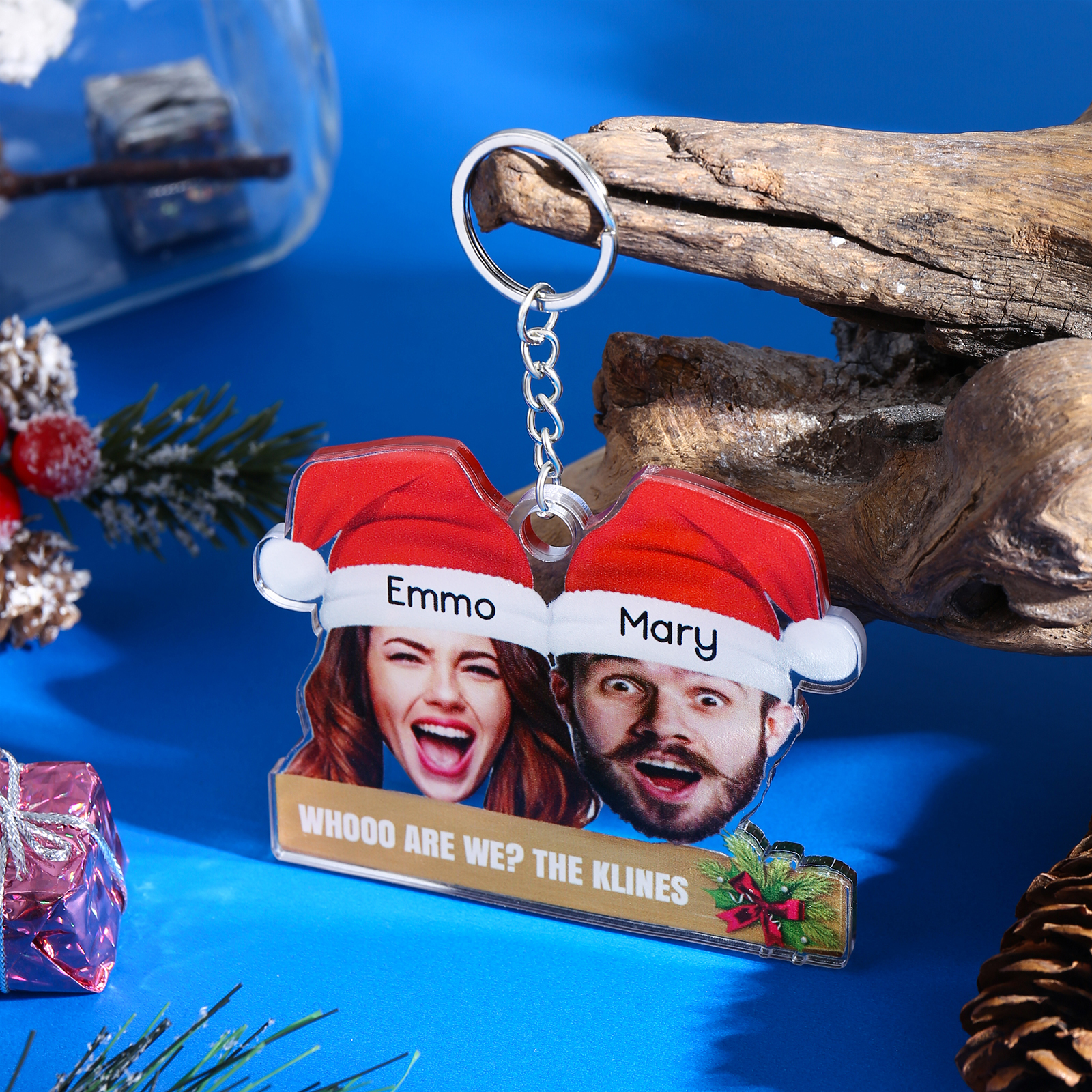 Acrylic Christmas Keychain Custom 2 Photos & 2 Names & 1 Text Hanging Ornaments Personalised Keyring for Family Friends | Jessemade-Jessemade AU