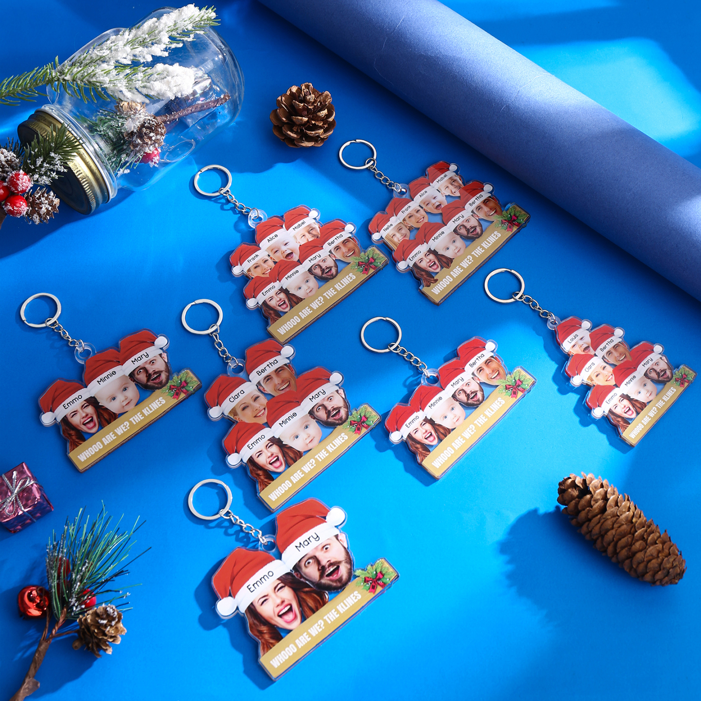 Acrylic Christmas Keychain Custom 2 Photos & 2 Names & 1 Text Hanging Ornaments Personalised Keyring for Family Friends | Jessemade-Jessemade AU