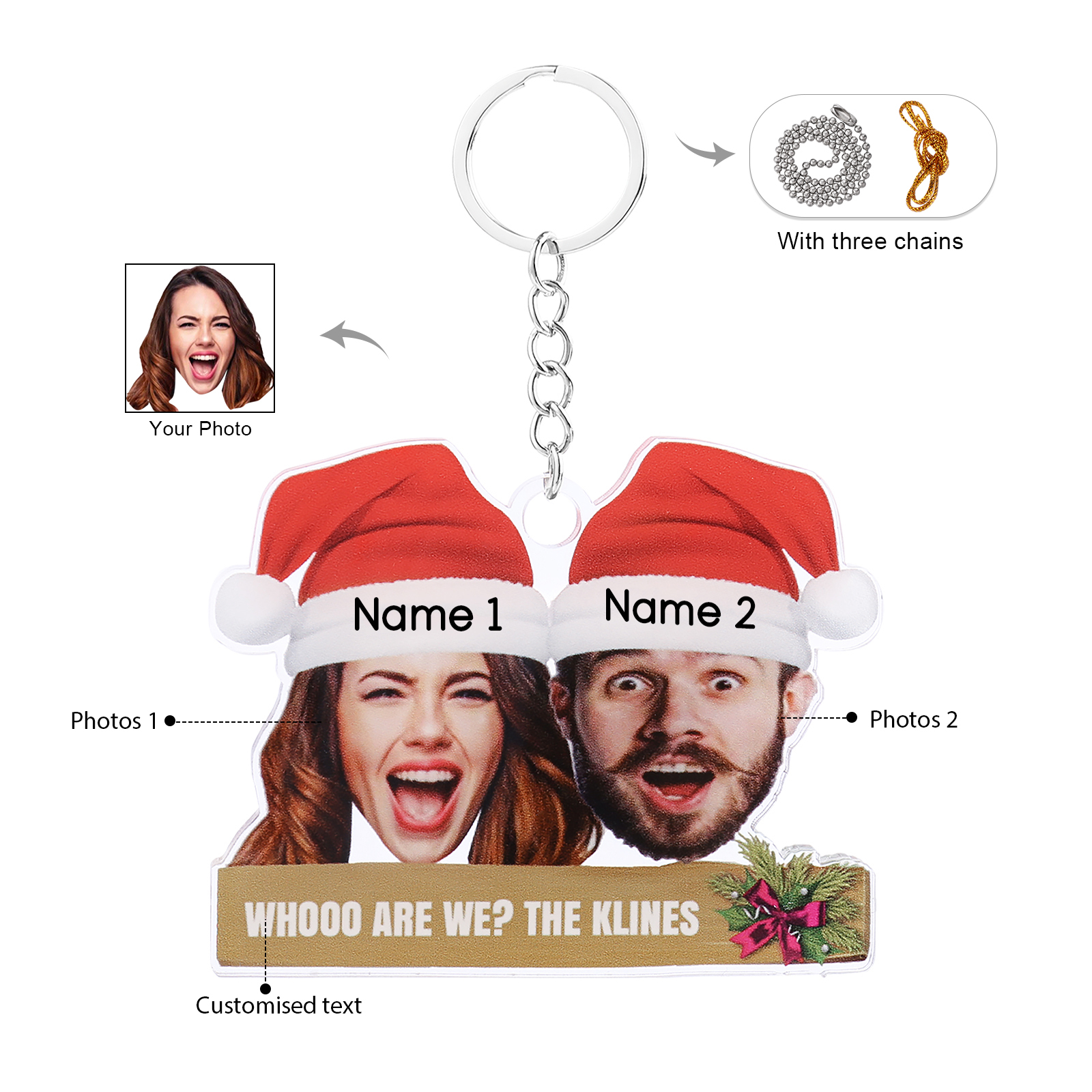 Acrylic Christmas Keychain Custom 2 Photos & 2 Names & 1 Text Hanging Ornaments Personalised Keyring for Family Friends | Jessemade-Jessemade AU