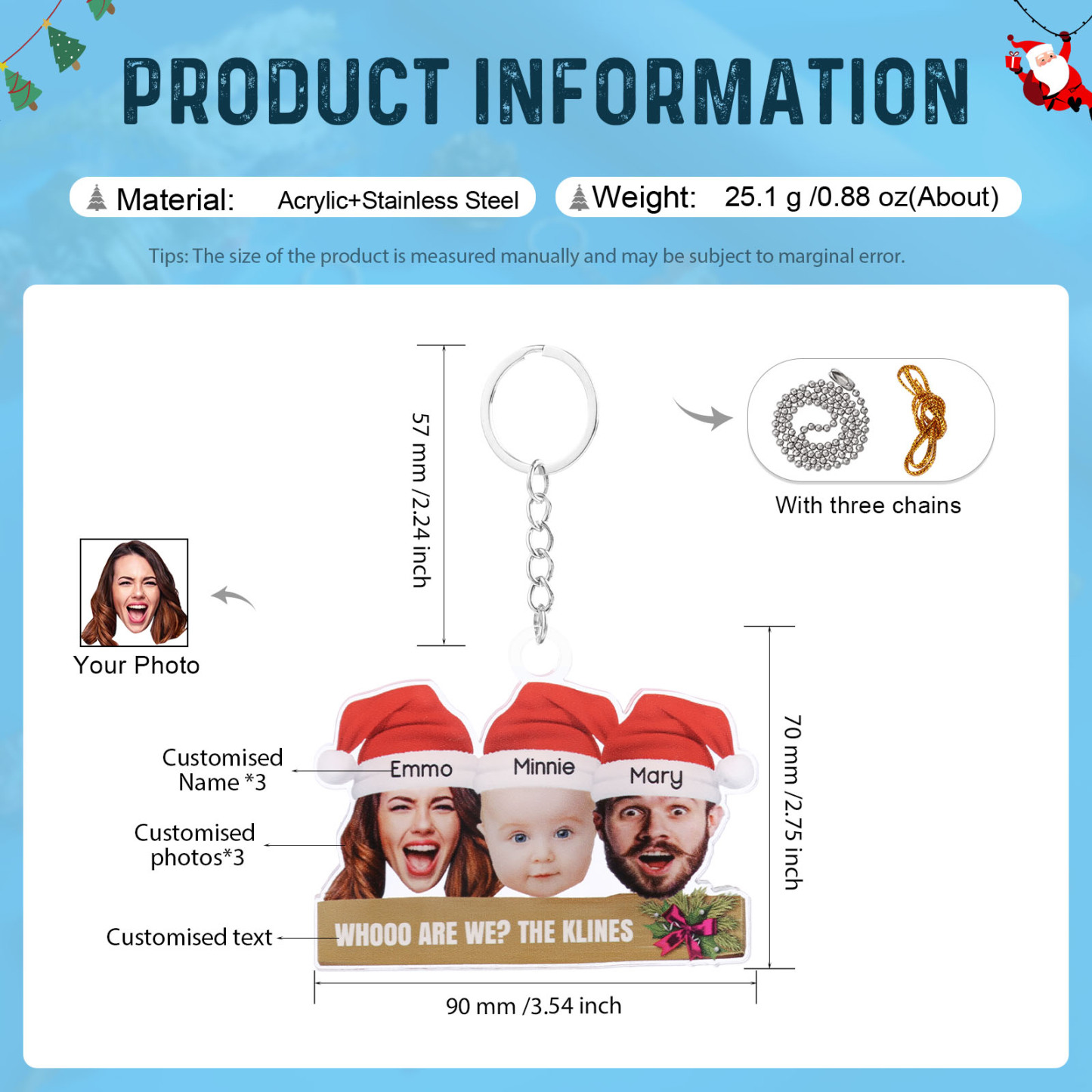 Acrylic Christmas Keychain Custom 3 Photos & 3 Names & 1 Text Hanging Ornaments Personalised Keyring for Family Friends | Jessemade-Jessemade AU