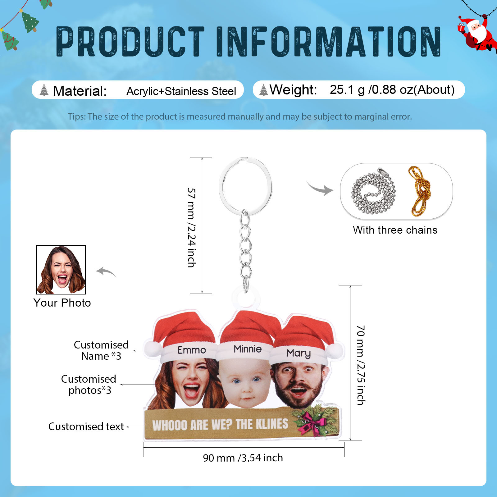 Acrylic Christmas Keychain Custom 3 Photos & 3 Names & 1 Text Hanging Ornaments Personalised Keyring for Family Friends | Jessemade-Jessemade AU