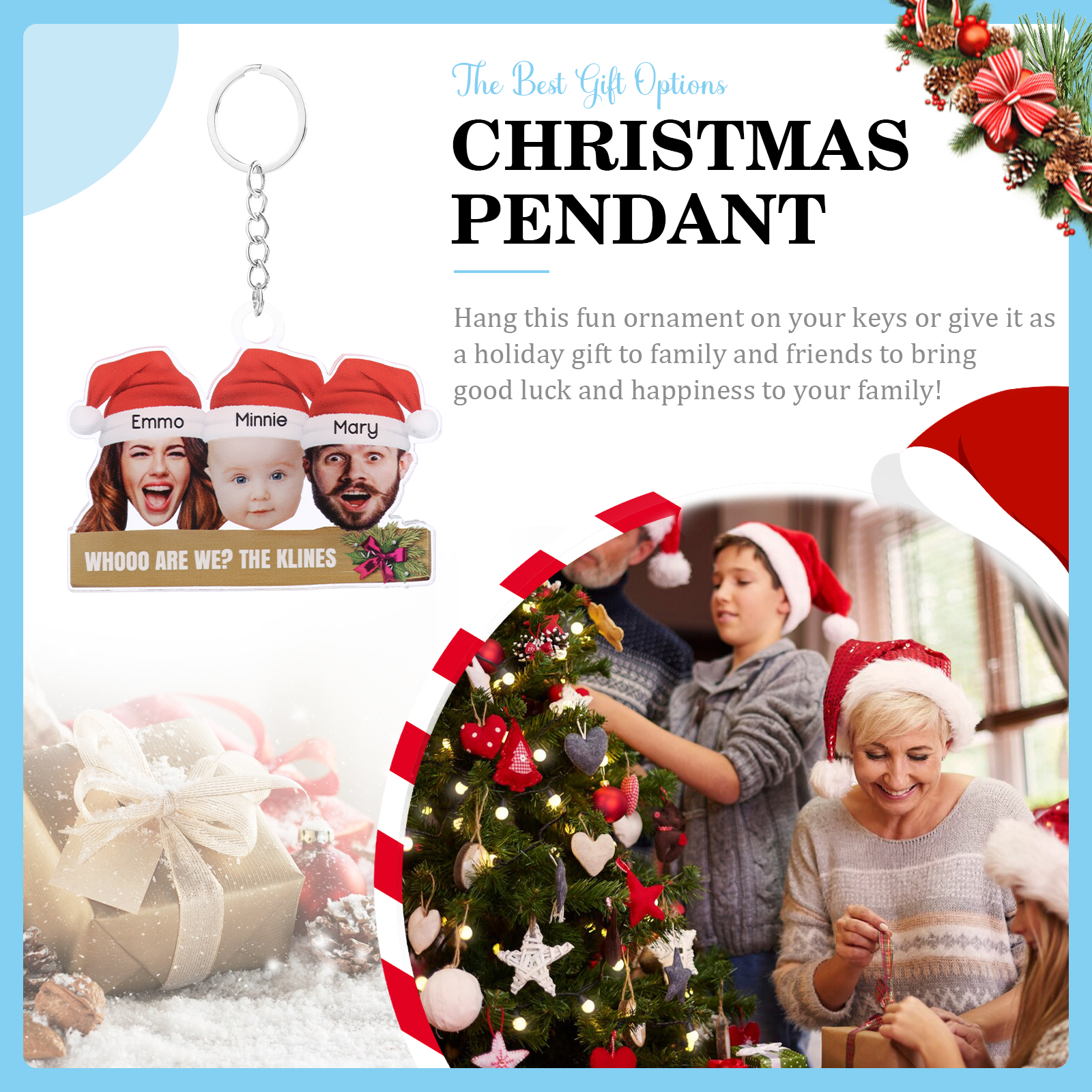 Acrylic Christmas Keychain Custom 3 Photos & 3 Names & 1 Text Hanging Ornaments Personalised Keyring for Family Friends | Jessemade-Jessemade AU