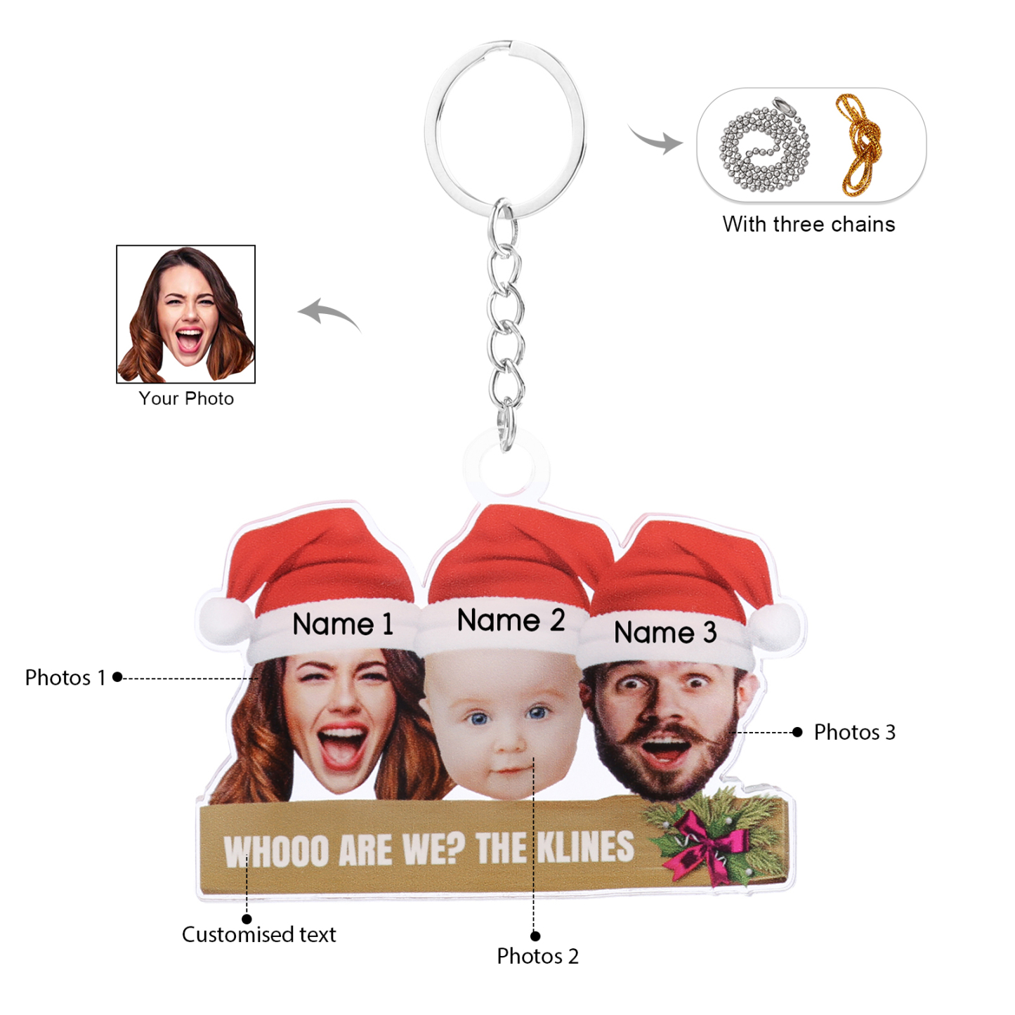 Acrylic Christmas Keychain Custom 3 Photos & 3 Names & 1 Text Hanging Ornaments Personalised Keyring for Family Friends | Jessemade-Jessemade AU