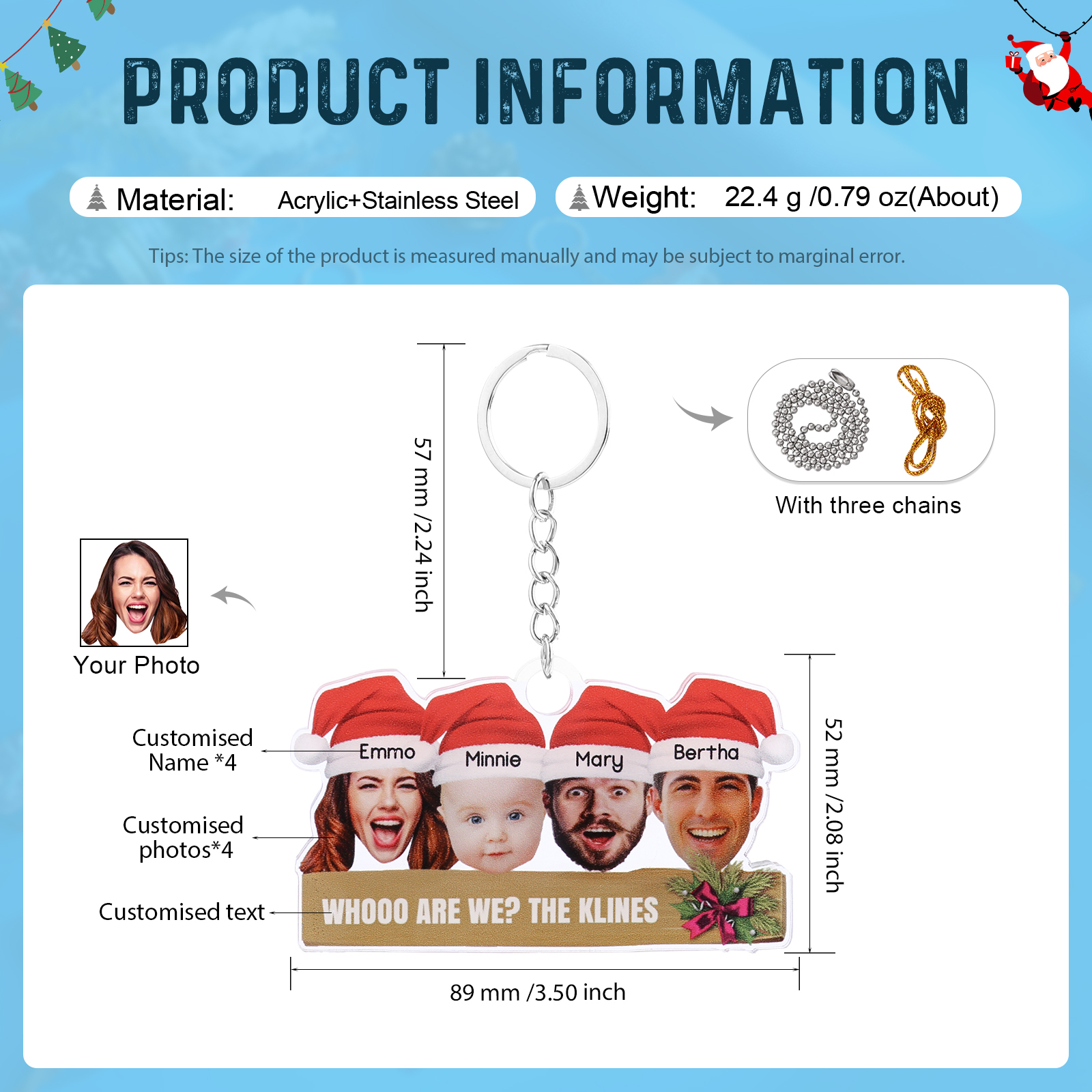 Acrylic Christmas Keychain Custom 4 Photos & 4 Names & 1 Text Hanging Ornaments Personalised Keyring for Family Friends | Jessemade-Jessemade AU