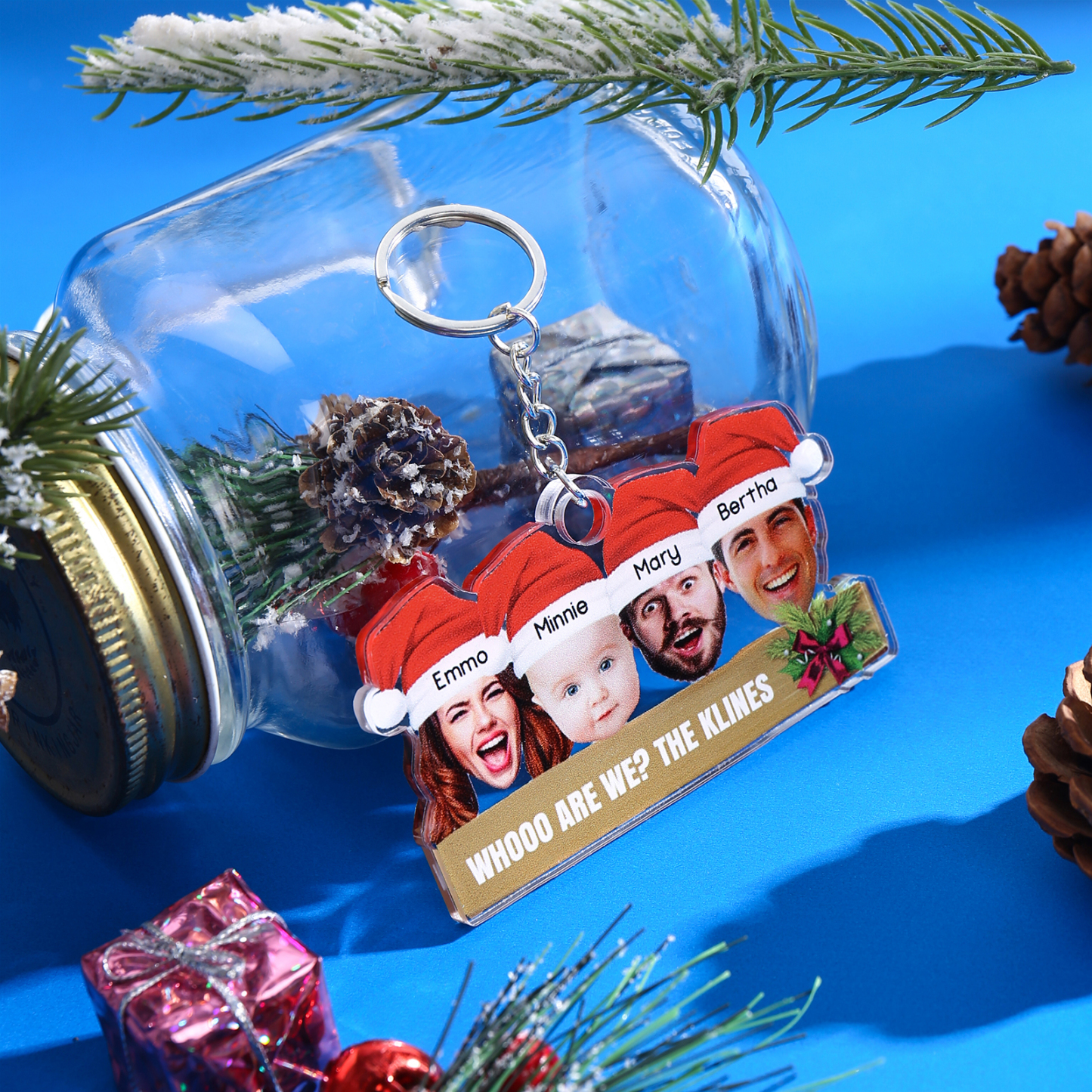 Acrylic Christmas Keychain Custom 4 Photos & 4 Names & 1 Text Hanging Ornaments Personalised Keyring for Family Friends | Jessemade-Jessemade AU