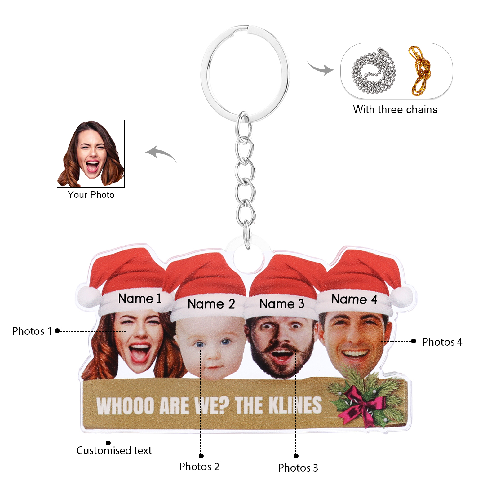 Acrylic Christmas Keychain Custom 4 Photos & 4 Names & 1 Text Hanging Ornaments Personalised Keyring for Family Friends | Jessemade-Jessemade AU