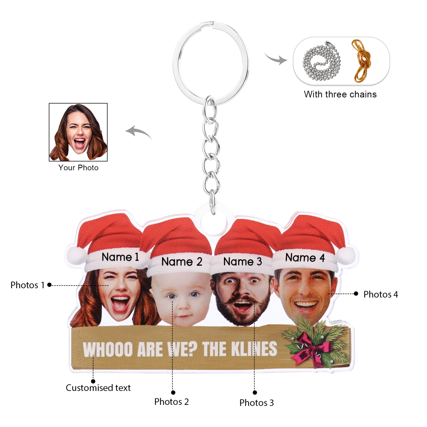 Acrylic Christmas Keychain Custom 4 Photos & 4 Names & 1 Text Hanging Ornaments Personalised Keyring for Family Friends | Jessemade-Jessemade AU