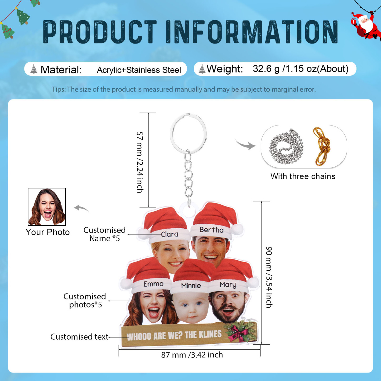 Acrylic Christmas Keychain Custom 5 Photos & 5 Names & 1 Text Hanging Ornaments Personalised Keyring for Family Friends | Jessemade-Jessemade AU