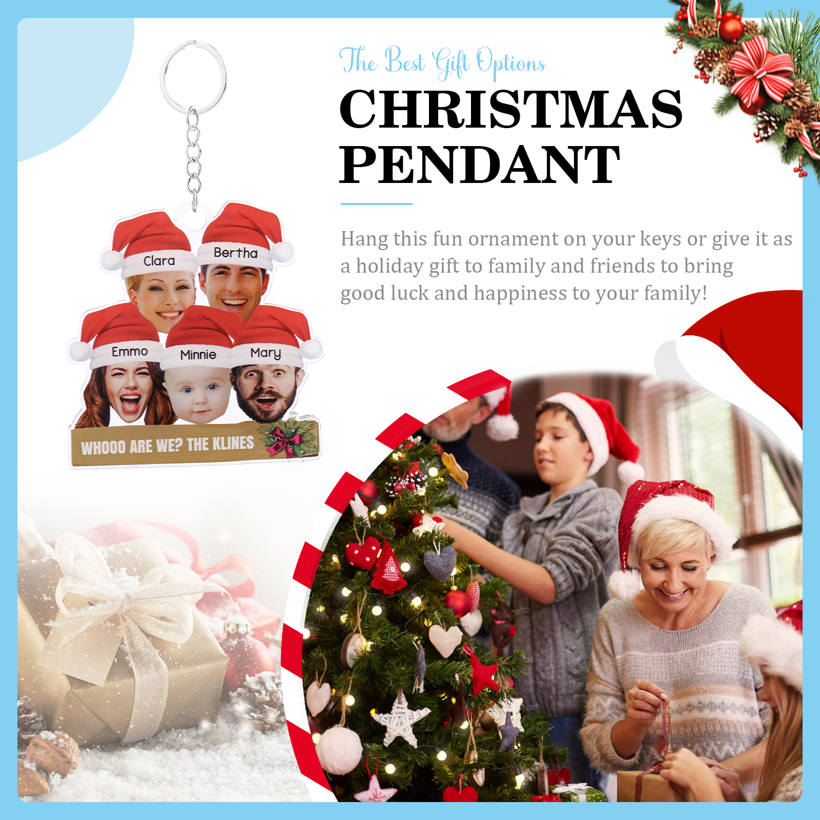 Acrylic Christmas Keychain Custom 5 Photos & 5 Names & 1 Text Hanging Ornaments Personalised Keyring for Family Friends | Jessemade-Jessemade AU