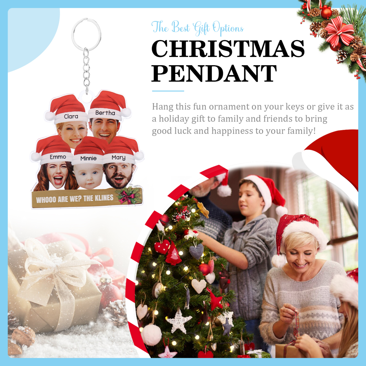 Acrylic Christmas Keychain Custom 5 Photos & 5 Names & 1 Text Hanging Ornaments Personalised Keyring for Family Friends | Jessemade-Jessemade AU