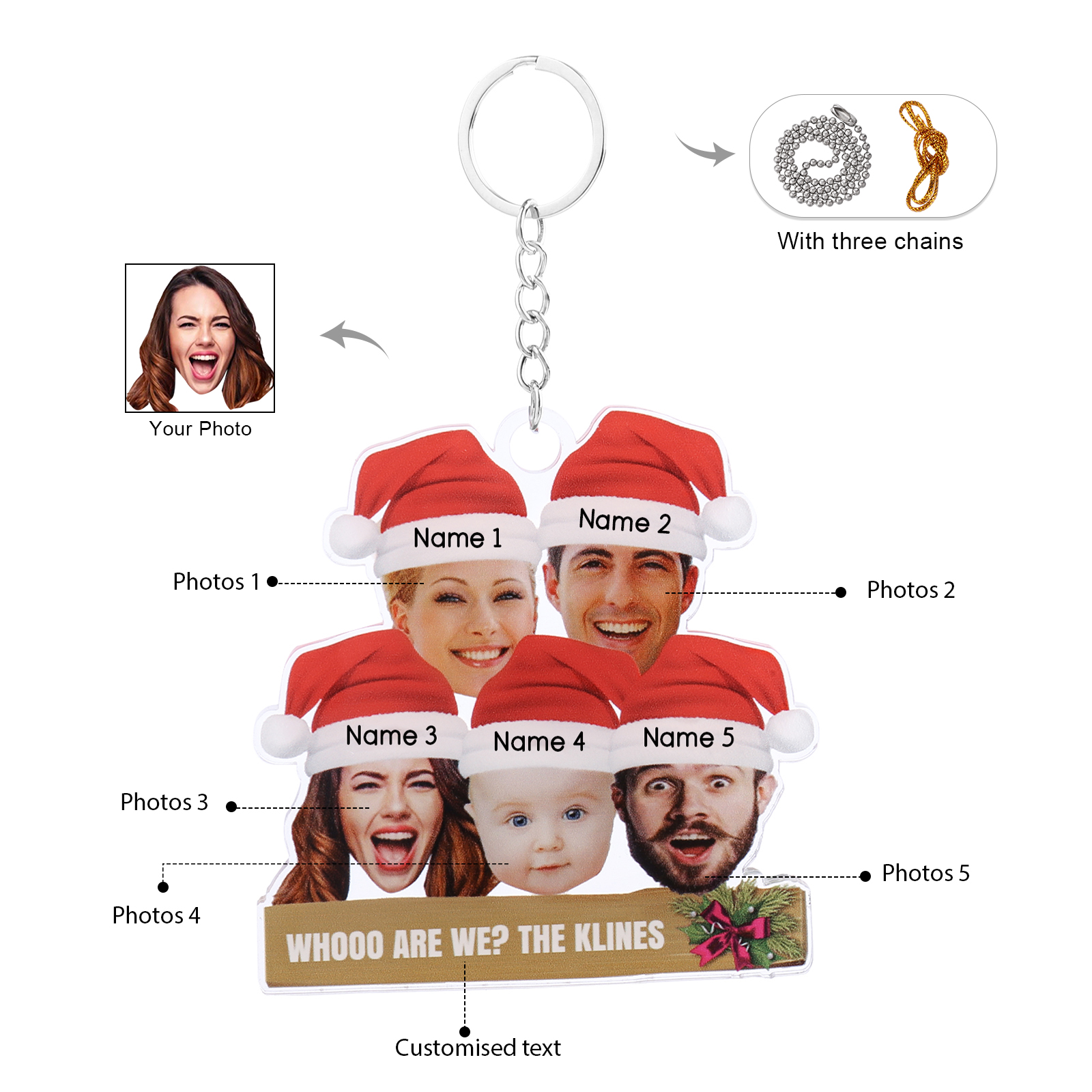 Acrylic Christmas Keychain Custom 5 Photos & 5 Names & 1 Text Hanging Ornaments Personalised Keyring for Family Friends | Jessemade-Jessemade AU