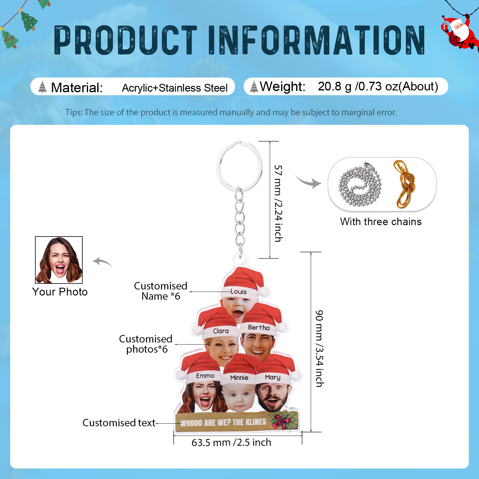 Acrylic Christmas Keychain Custom 6 Photos & 6 Names & 1 Text Hanging Ornaments Personalised Keyring for Family Friends | Jessemade-Jessemade AU