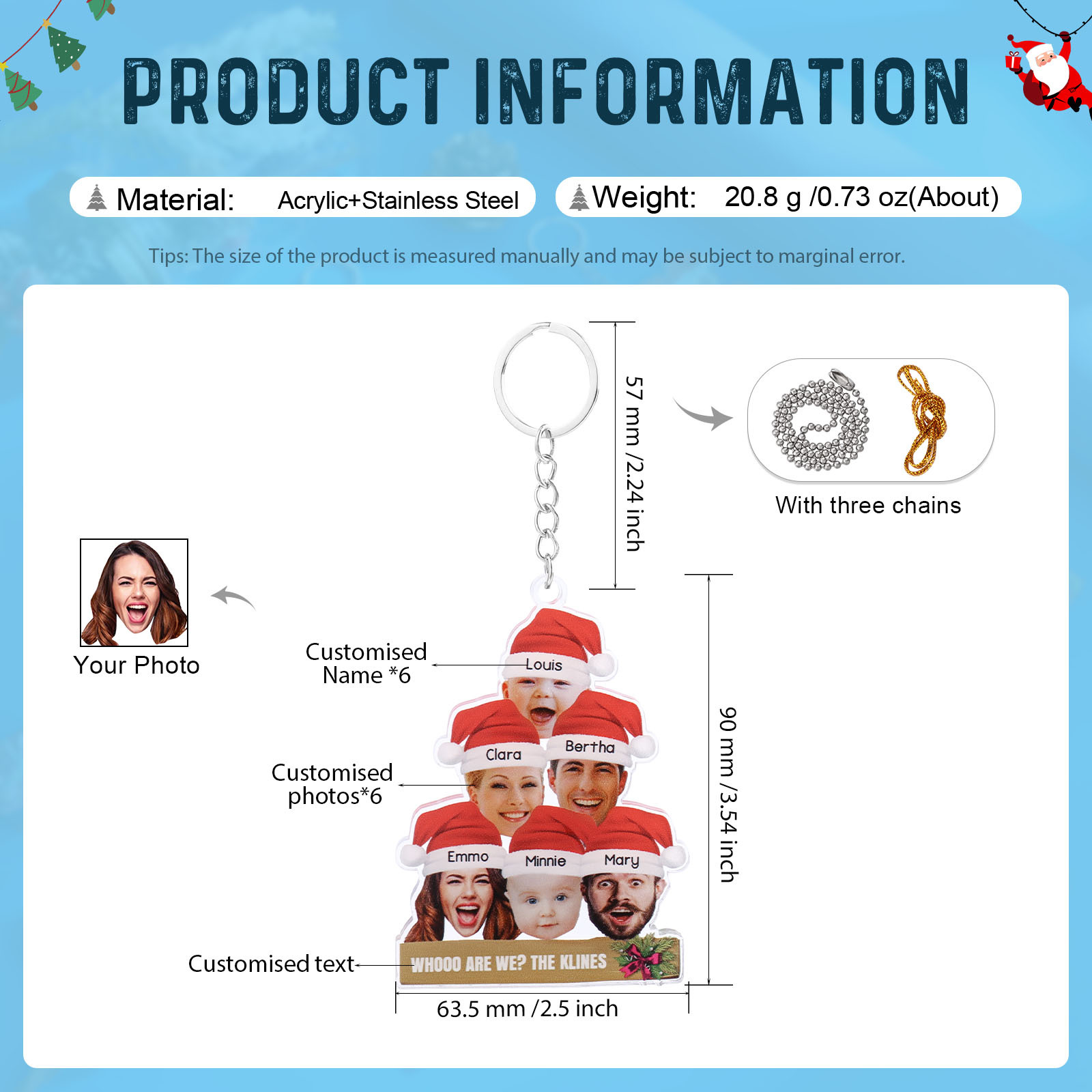 Acrylic Christmas Keychain Custom 6 Photos & 6 Names & 1 Text Hanging Ornaments Personalised Keyring for Family Friends | Jessemade-Jessemade AU