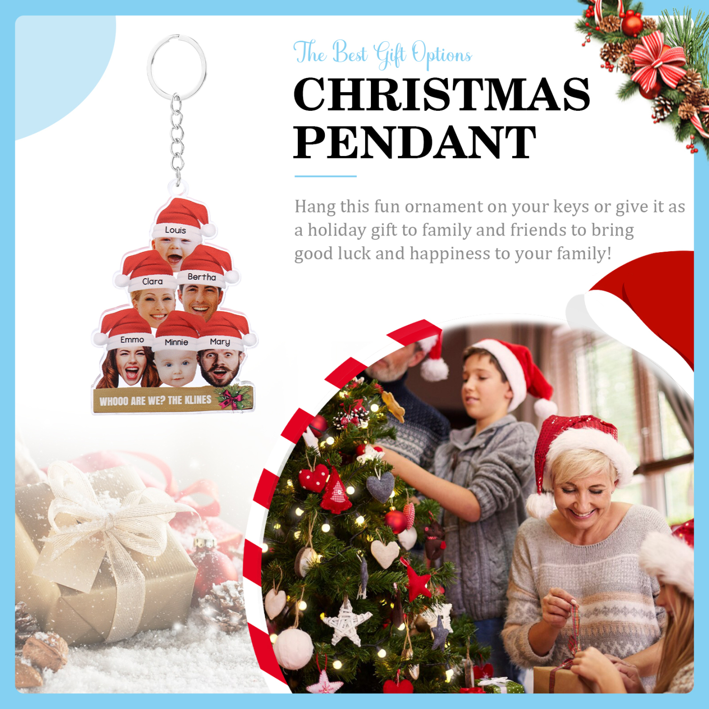 Acrylic Christmas Keychain Custom 6 Photos & 6 Names & 1 Text Hanging Ornaments Personalised Keyring for Family Friends | Jessemade-Jessemade AU