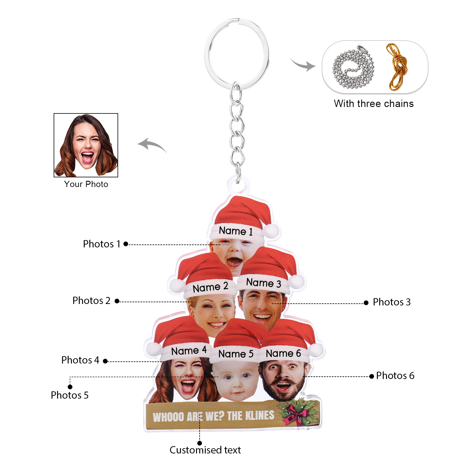 Acrylic Christmas Keychain Custom 6 Photos & 6 Names & 1 Text Hanging Ornaments Personalised Keyring for Family Friends | Jessemade-Jessemade AU